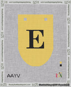 A taped needlepoint canvas with the design: Banner 18 mesh count Rounded E Black on Yellow.