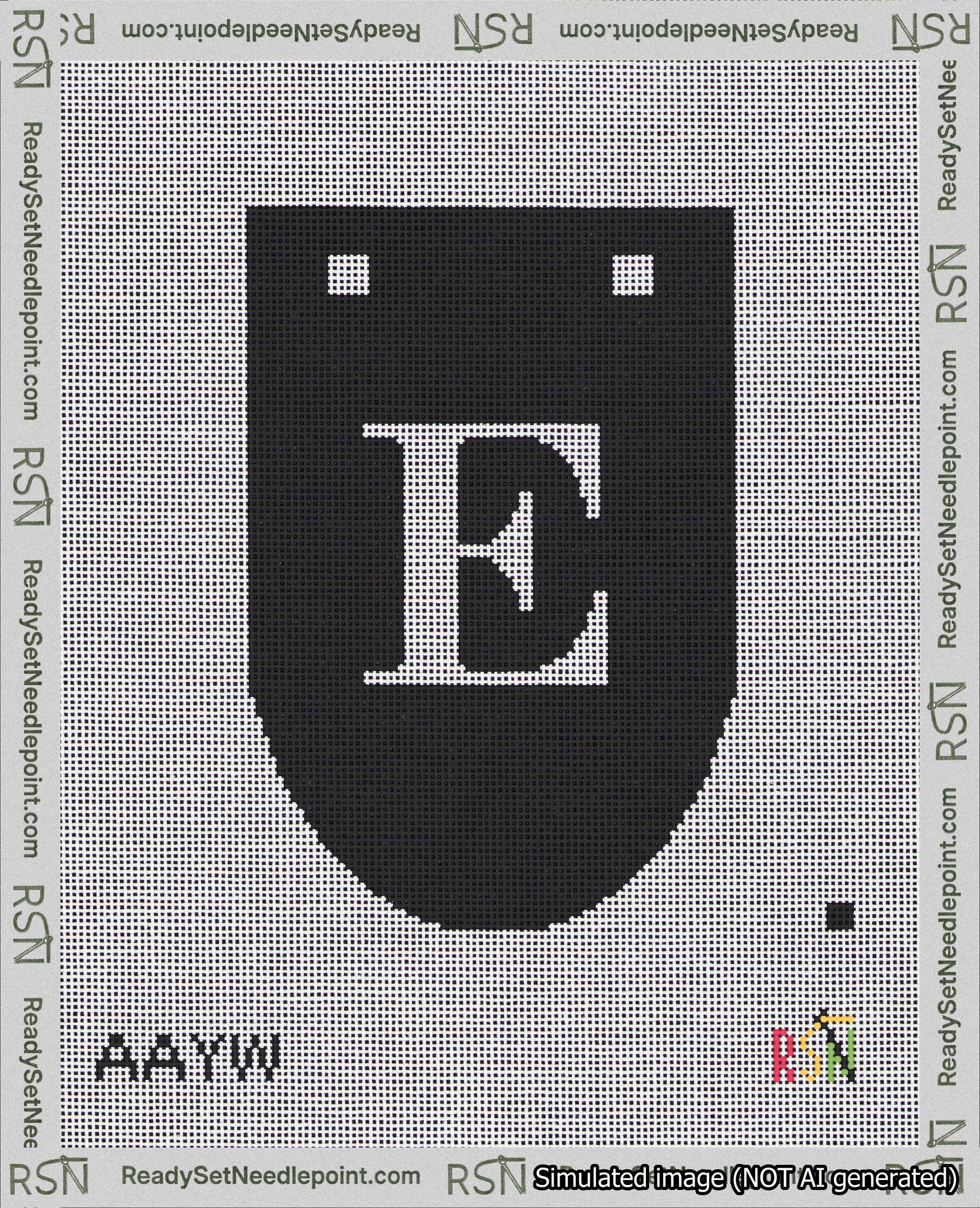 A taped needlepoint canvas with the design: Banner 18 mesh count Rounded E White on Black.