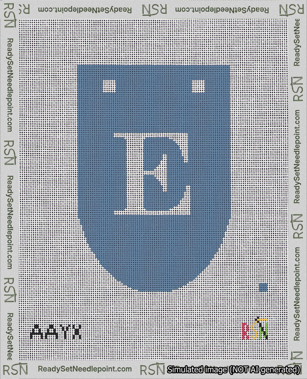 A taped needlepoint canvas with the design: Banner 18 mesh count Rounded E White on Blue.