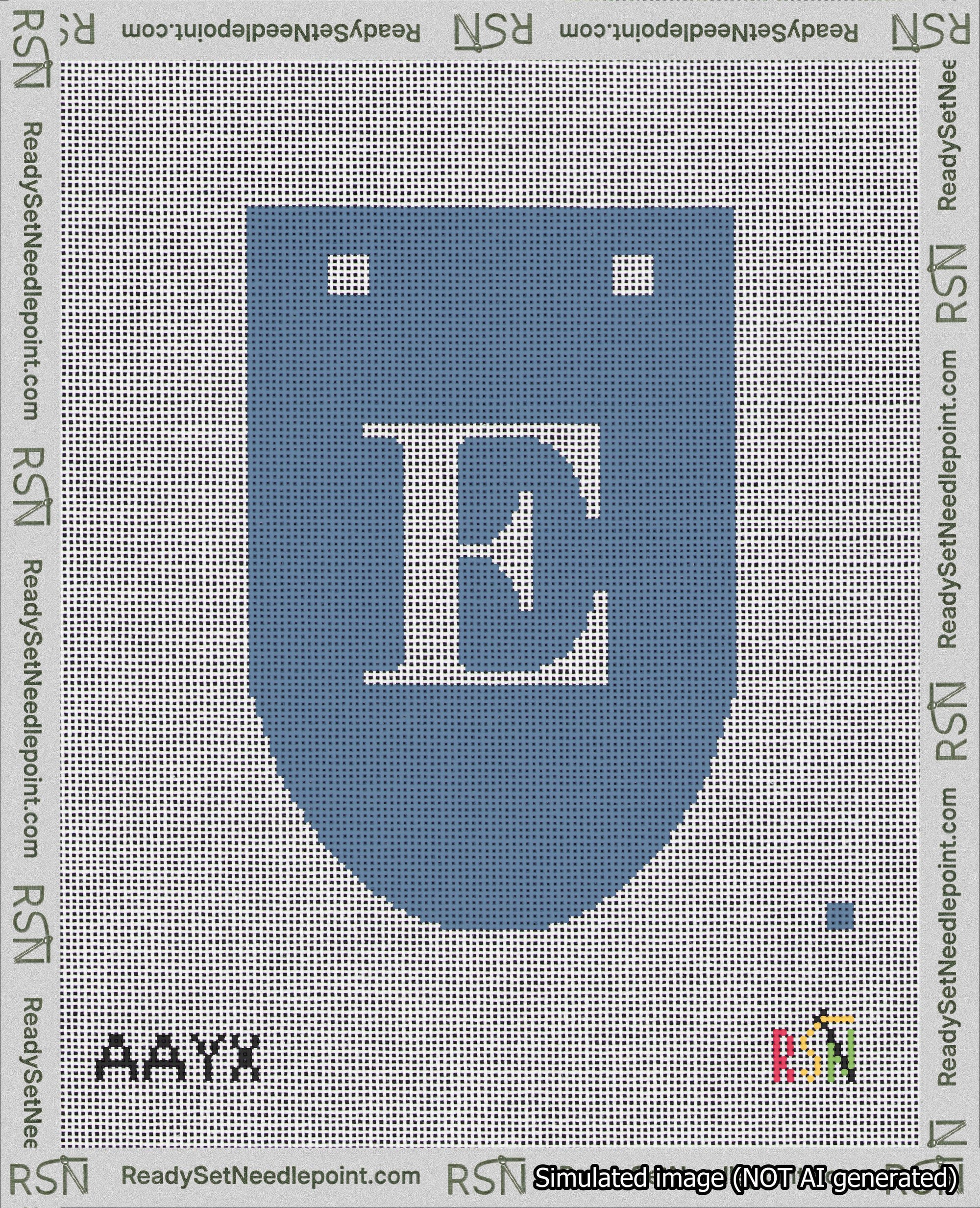 A taped needlepoint canvas with the design: Banner 18 mesh count Rounded E White on Blue.