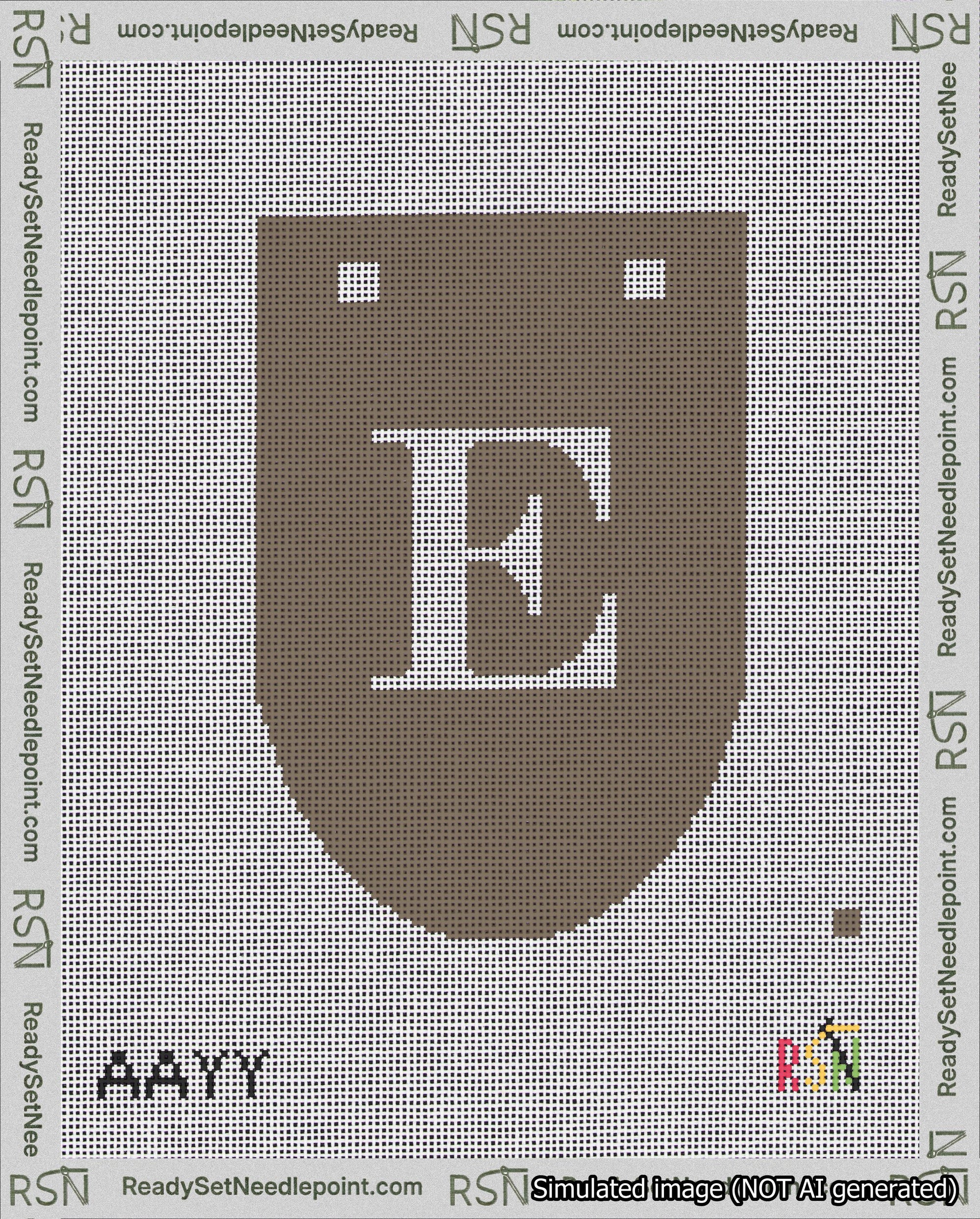 A taped needlepoint canvas with the design: Banner 18 mesh count Rounded E White on Brown.