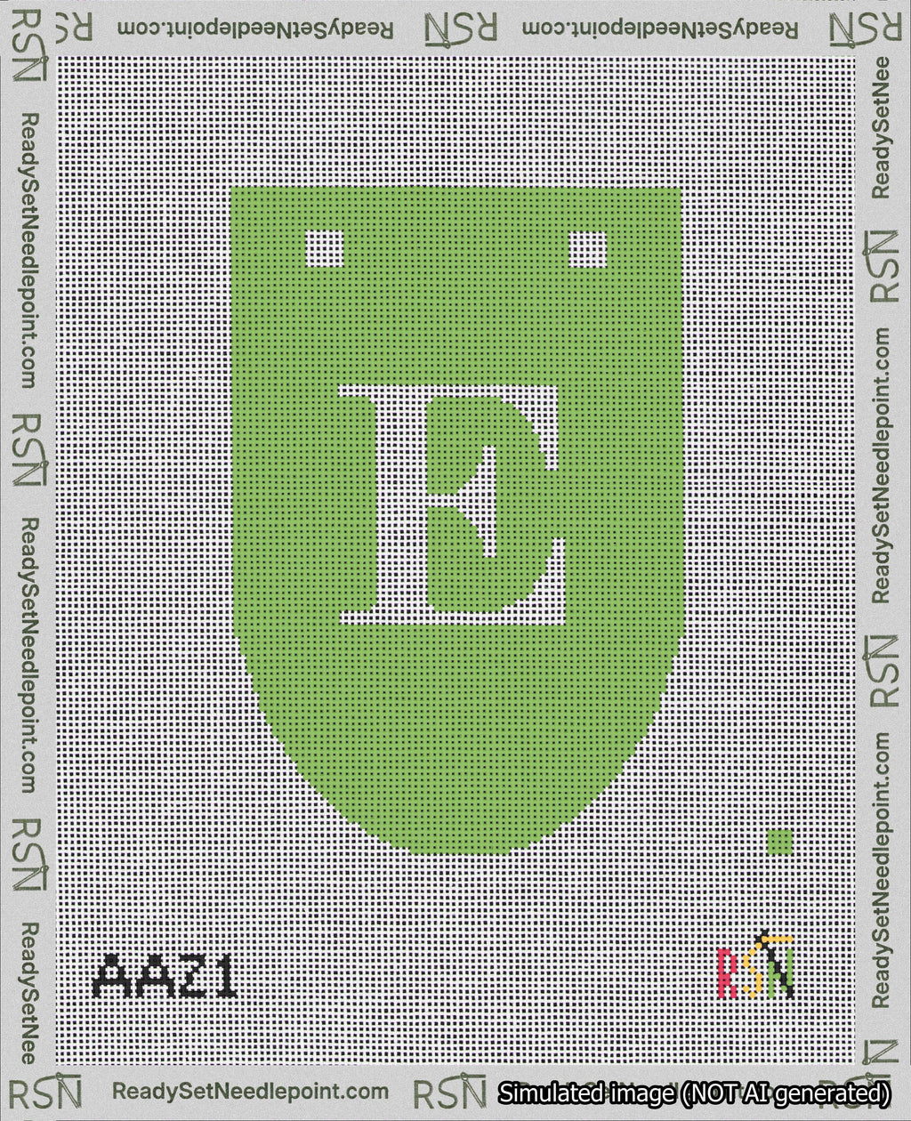A taped needlepoint canvas with the design: Banner 18 mesh count Rounded E White on Light Green.
