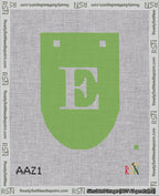 A taped needlepoint canvas with the design: Banner 18 mesh count Rounded E White on Light Green.