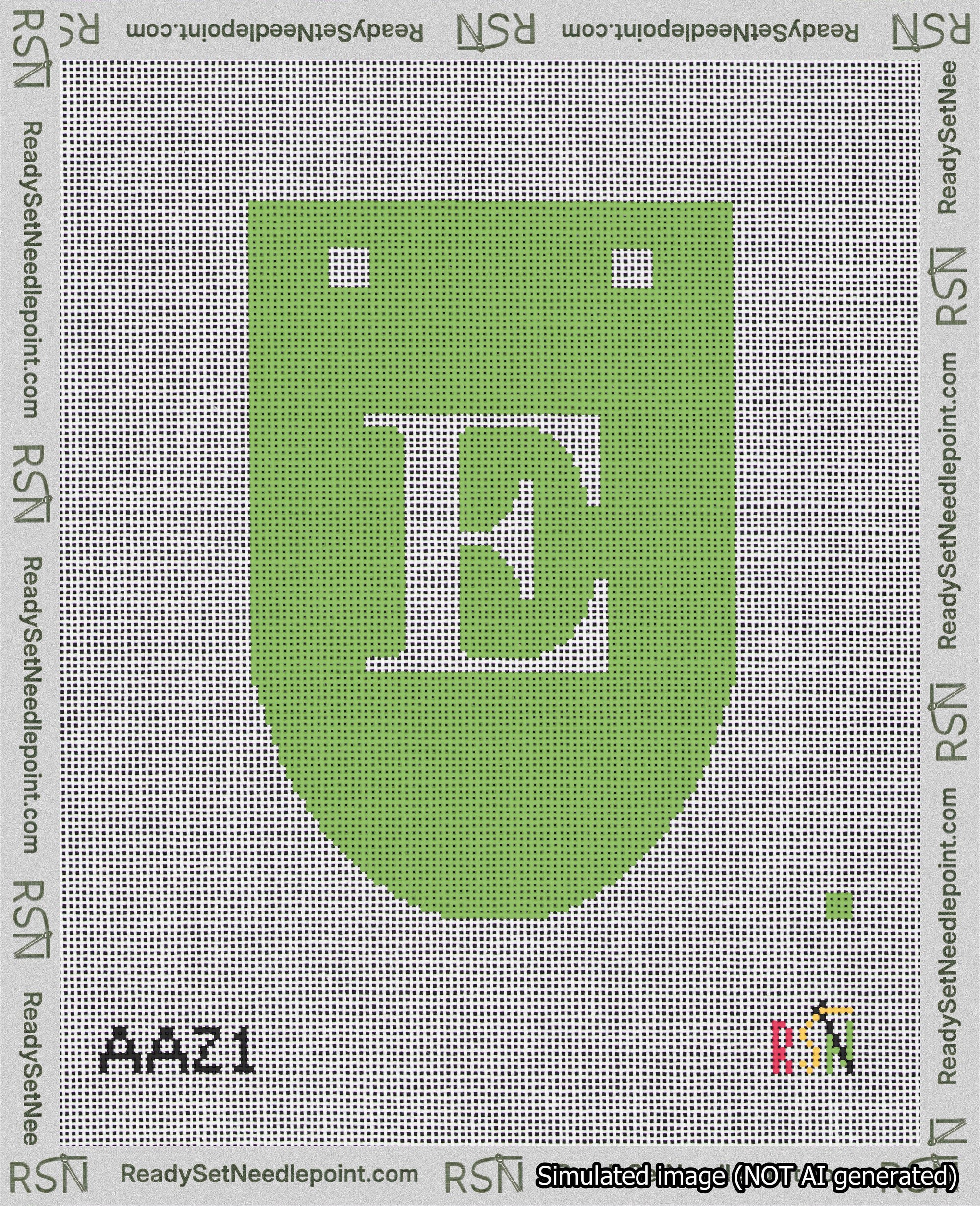 A taped needlepoint canvas with the design: Banner 18 mesh count Rounded E White on Light Green.