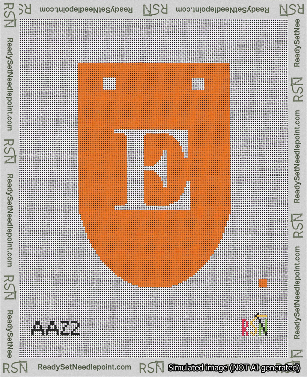 A taped needlepoint canvas with the design: Banner 18 mesh count Rounded E White on Orange.