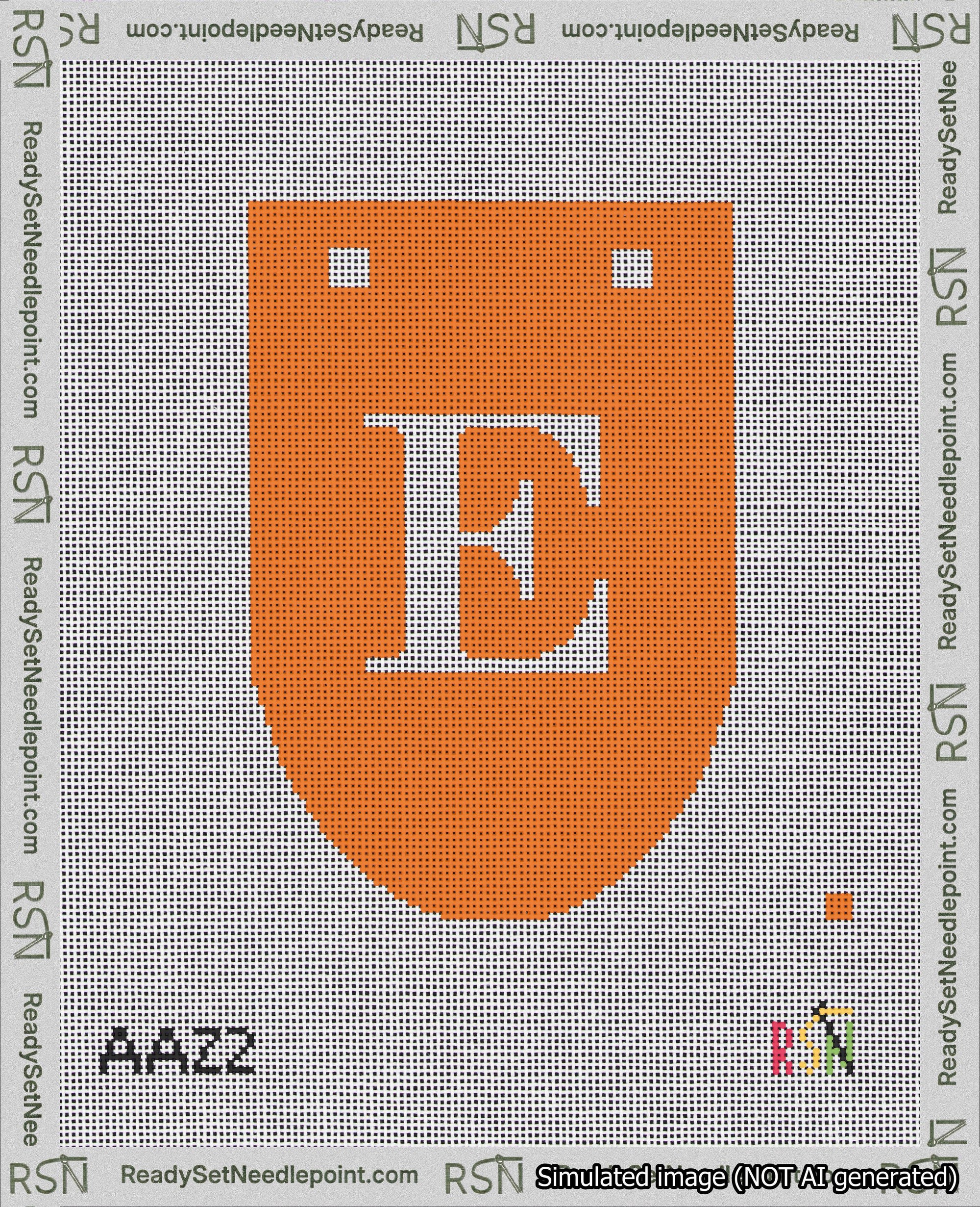 A taped needlepoint canvas with the design: Banner 18 mesh count Rounded E White on Orange.