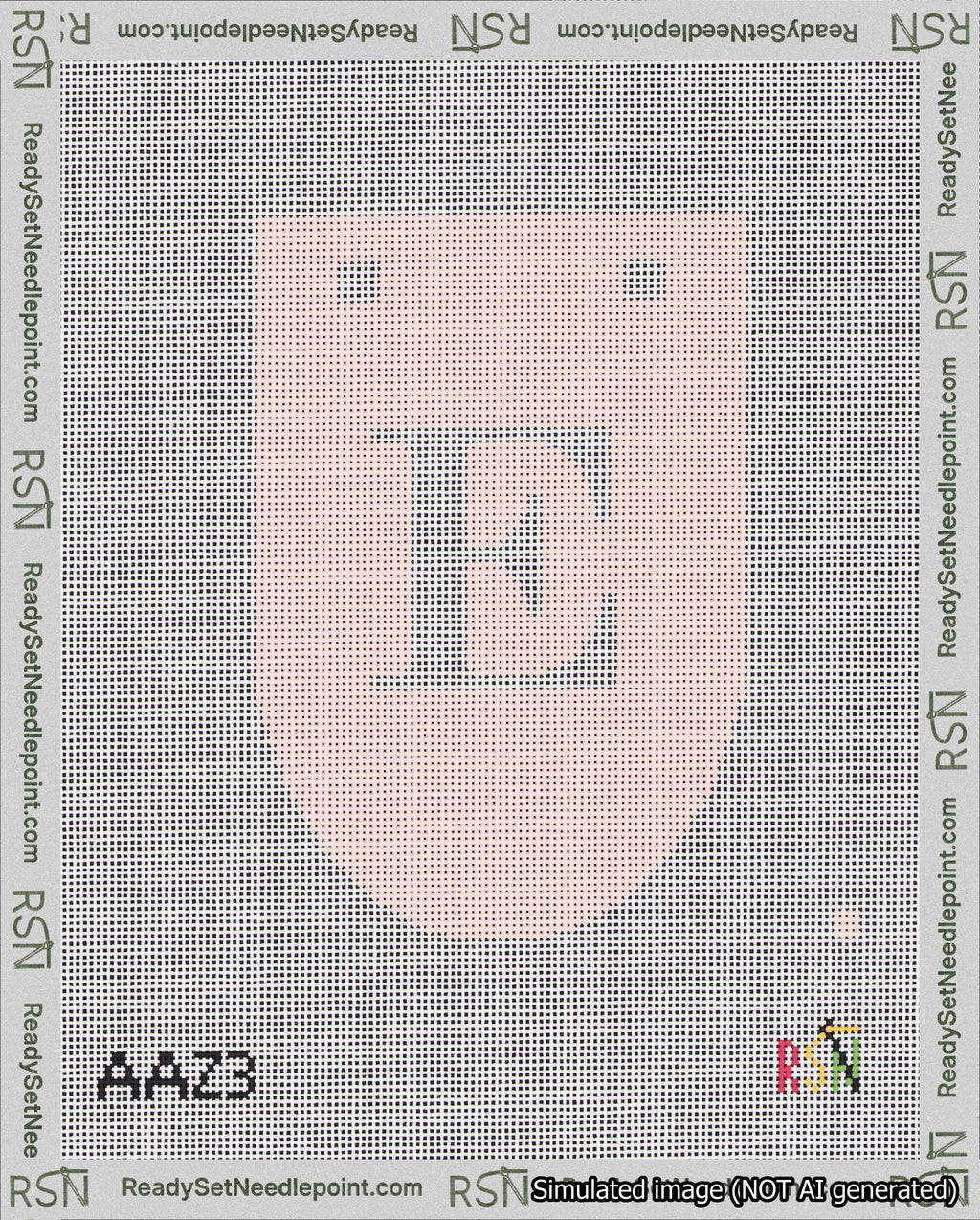 A taped needlepoint canvas with the design: Banner 18 mesh count Rounded E White on Pink.