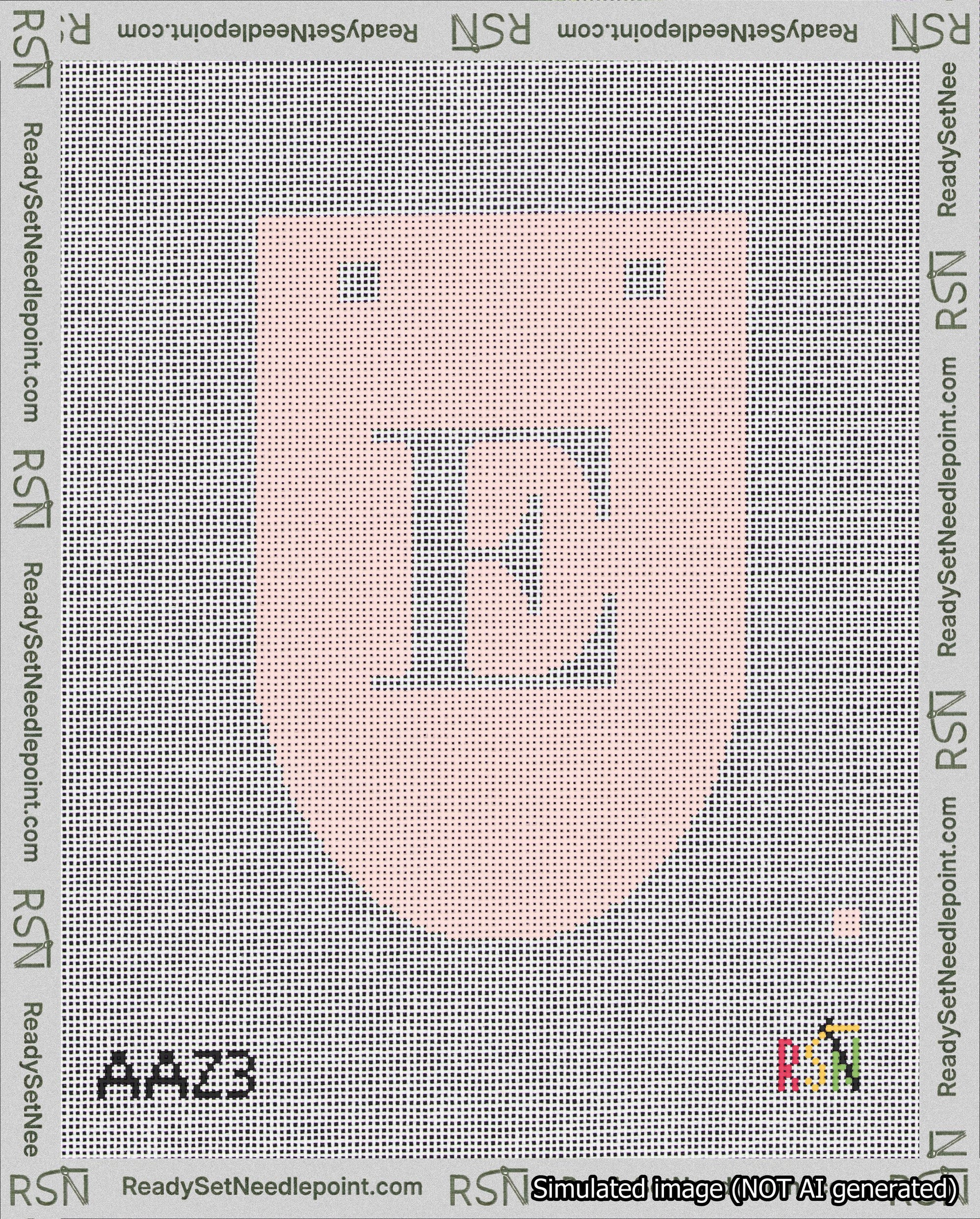 A taped needlepoint canvas with the design: Banner 18 mesh count Rounded E White on Pink.