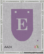 A taped needlepoint canvas with the design: Banner 18 mesh count Rounded E White on Purple.