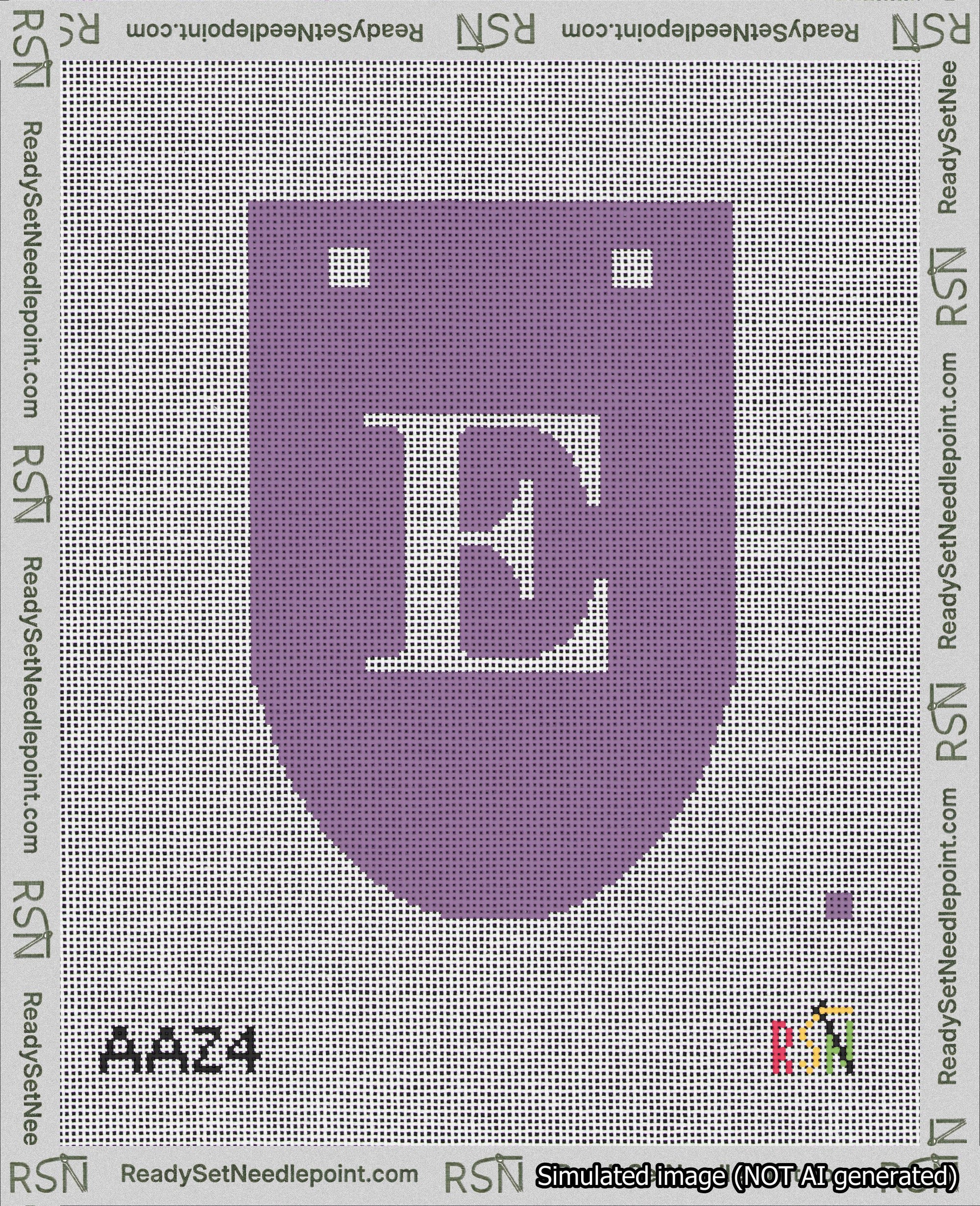 A taped needlepoint canvas with the design: Banner 18 mesh count Rounded E White on Purple.