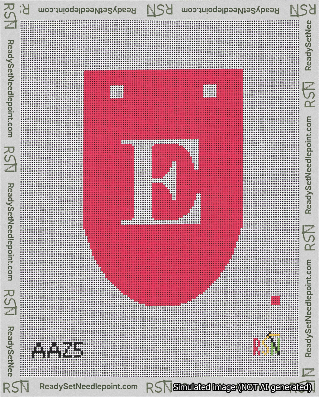 A taped needlepoint canvas with the design: Banner 18 mesh count Rounded E White on Red.