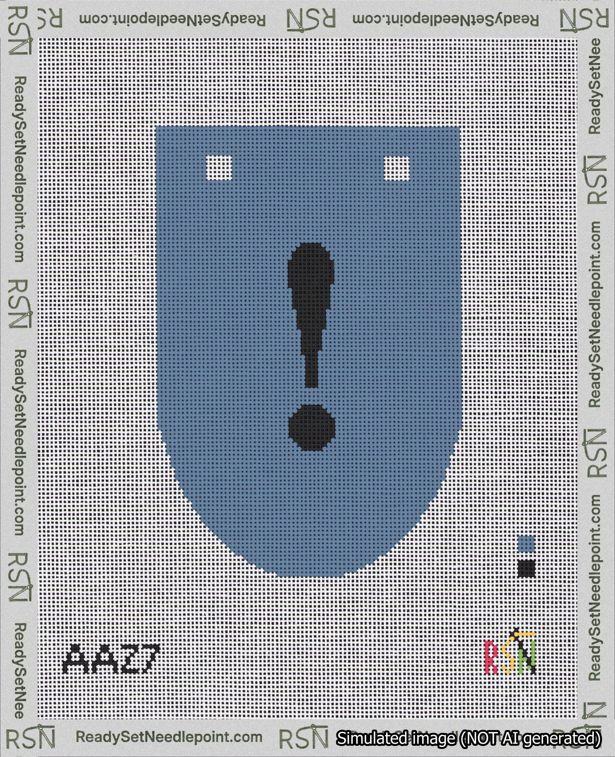 A taped needlepoint canvas with the design: Banner 18 mesh count Rounded Exclamation Black on Blue.