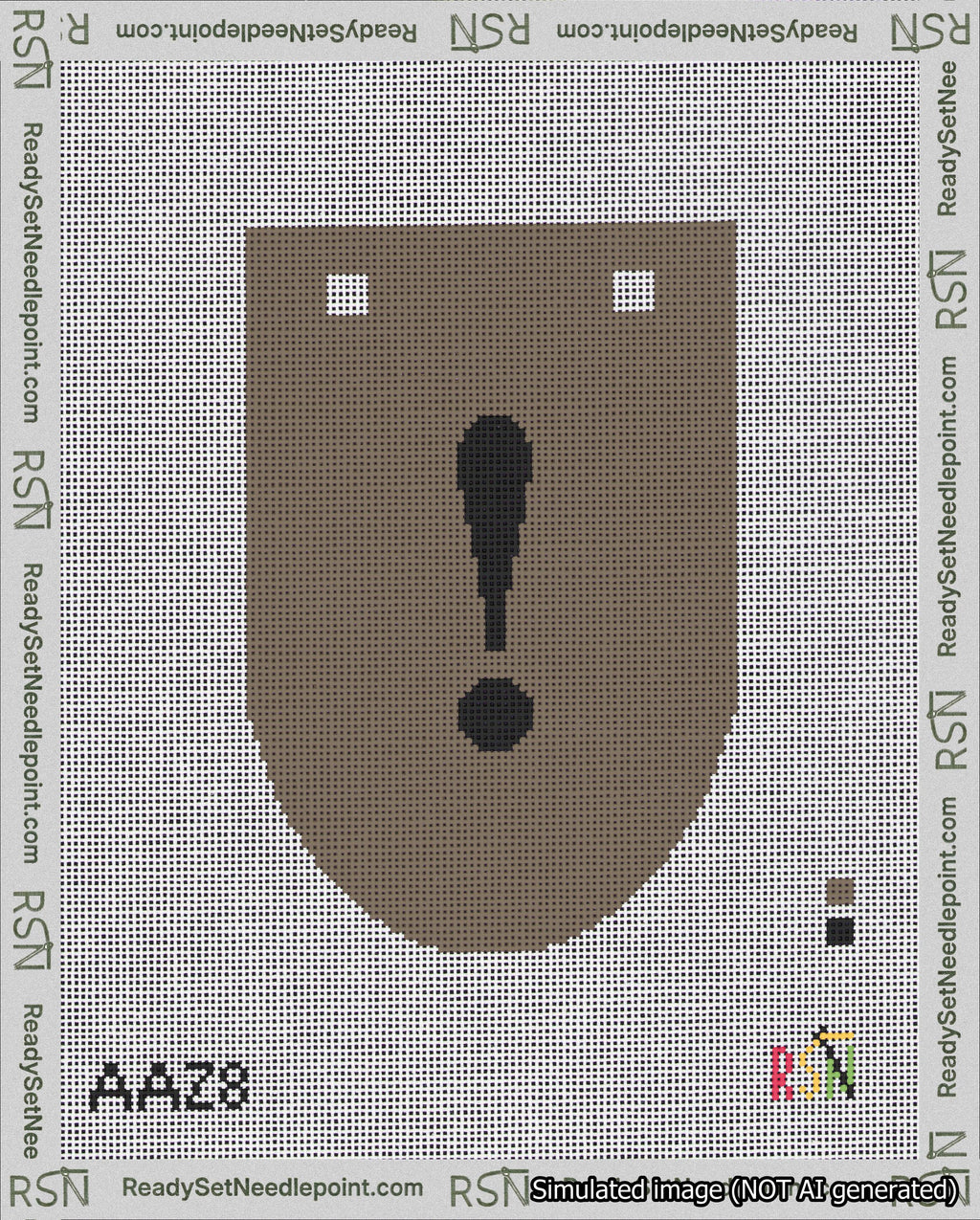 A taped needlepoint canvas with the design: Banner 18 mesh count Rounded Exclamation Black on Brown.