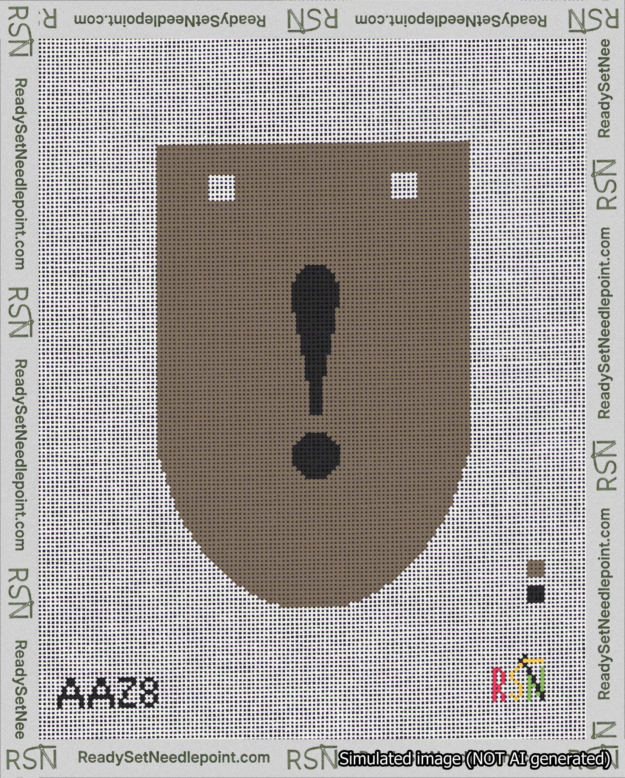 A taped needlepoint canvas with the design: Banner 18 mesh count Rounded Exclamation Black on Brown.