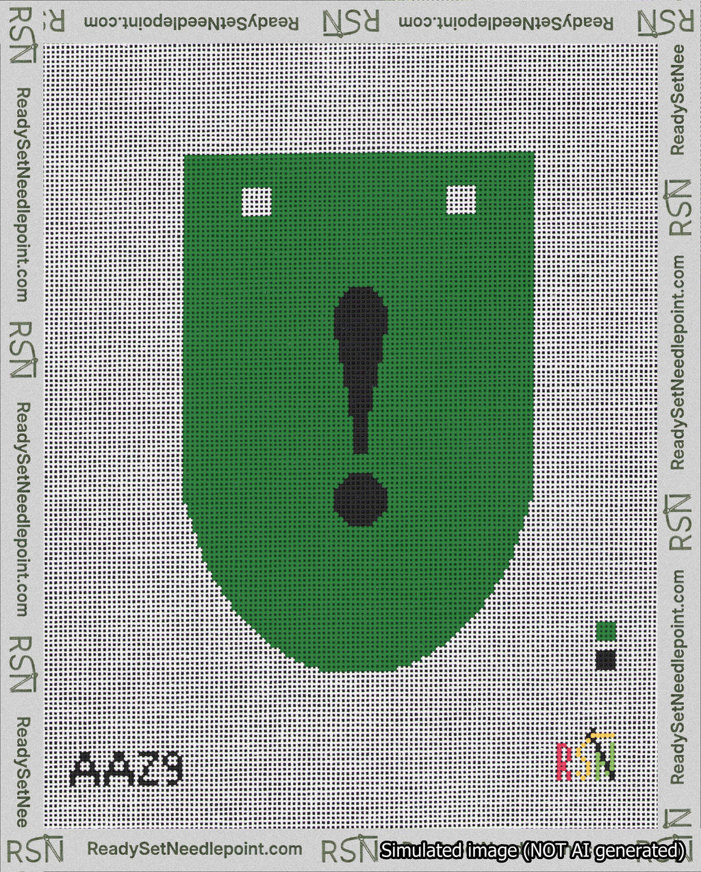 A taped needlepoint canvas with the design: Banner 18 mesh count Rounded Exclamation Black on Green.