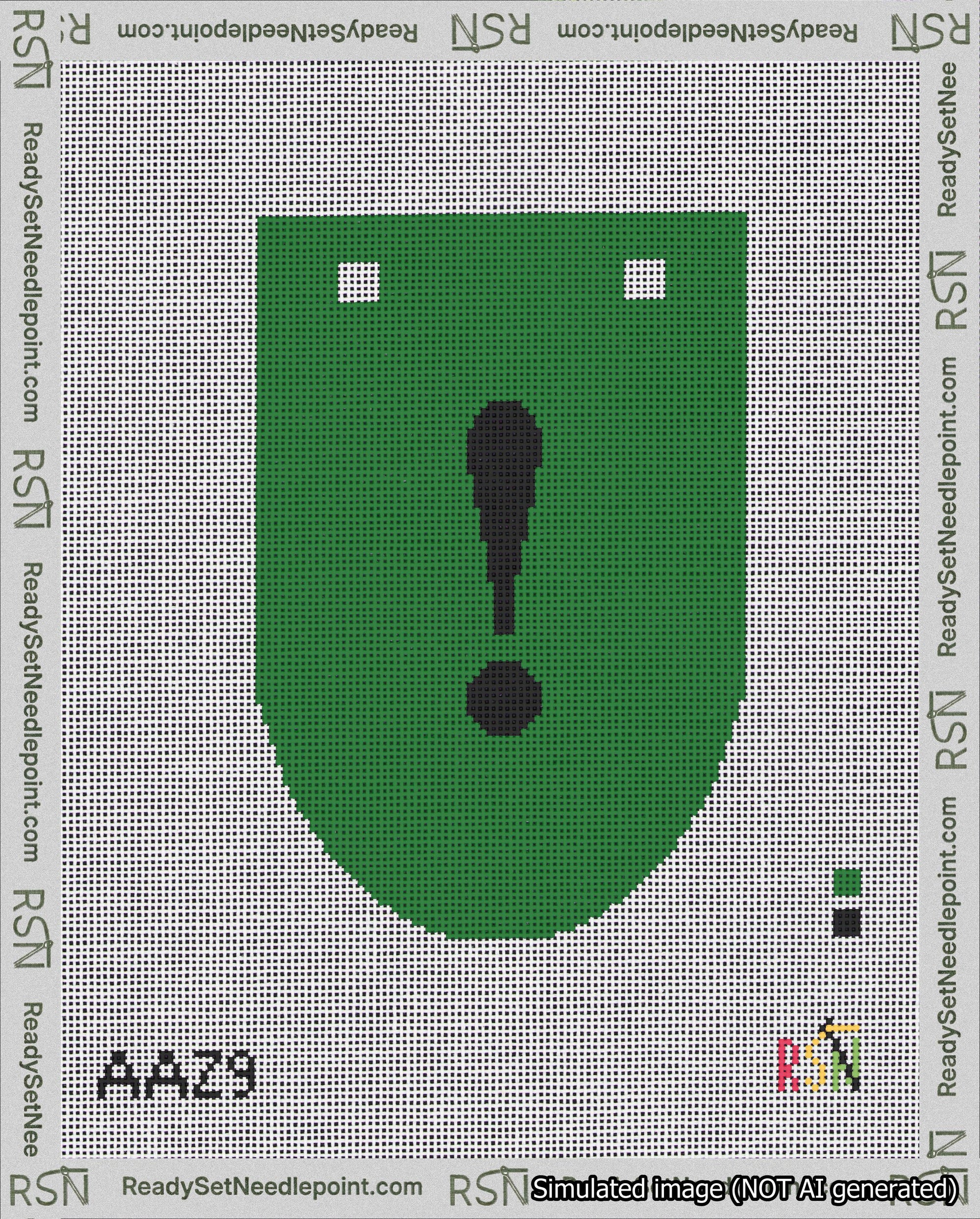 A taped needlepoint canvas with the design: Banner 18 mesh count Rounded Exclamation Black on Green.