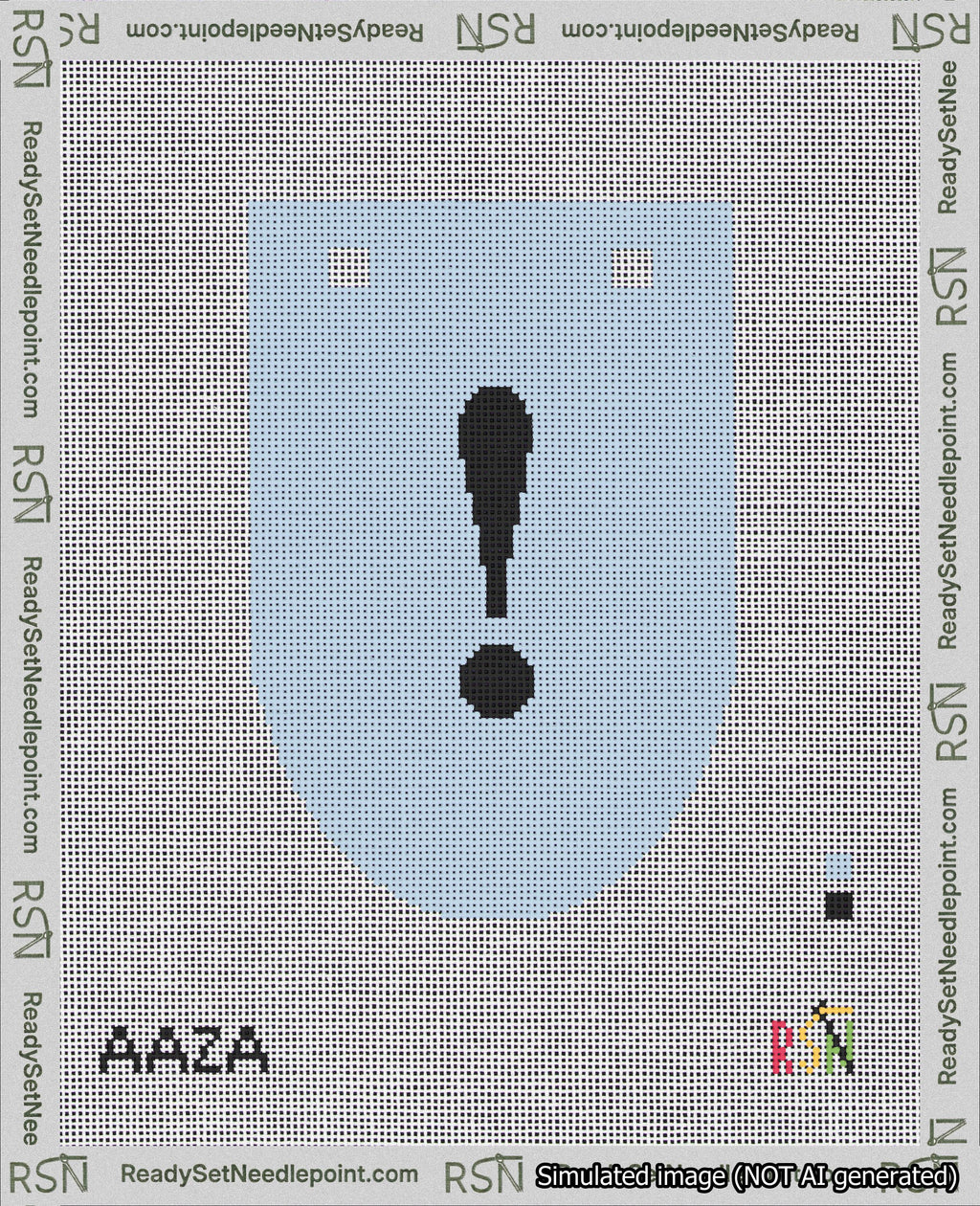 A taped needlepoint canvas with the design: Banner 18 mesh count Rounded Exclamation Black on Light Blue.