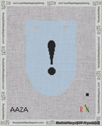 A taped needlepoint canvas with the design: Banner 18 mesh count Rounded Exclamation Black on Light Blue.