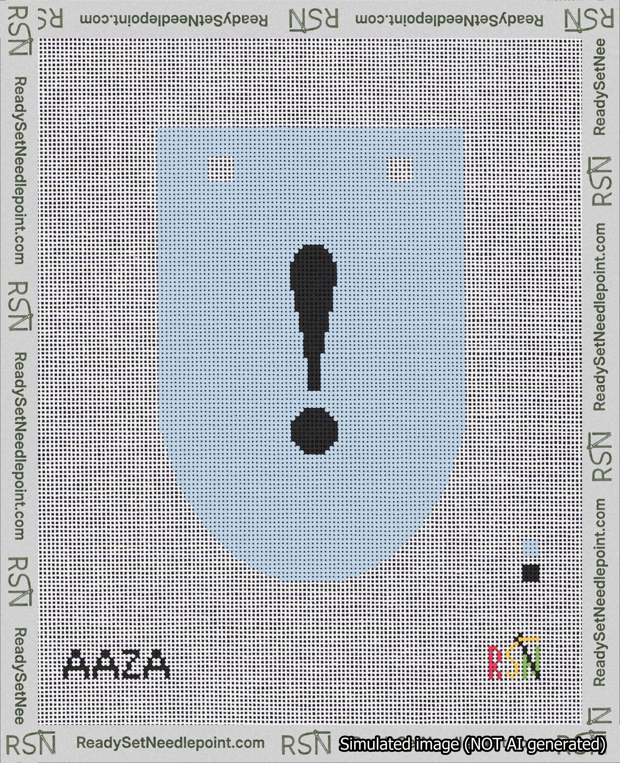 A taped needlepoint canvas with the design: Banner 18 mesh count Rounded Exclamation Black on Light Blue.