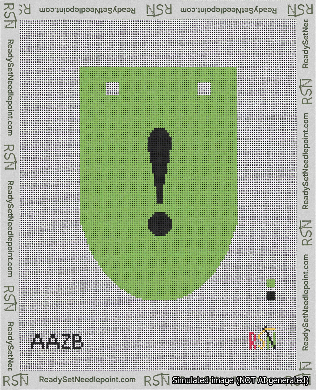 A taped needlepoint canvas with the design: Banner 18 mesh count Rounded Exclamation Black on Light Green.