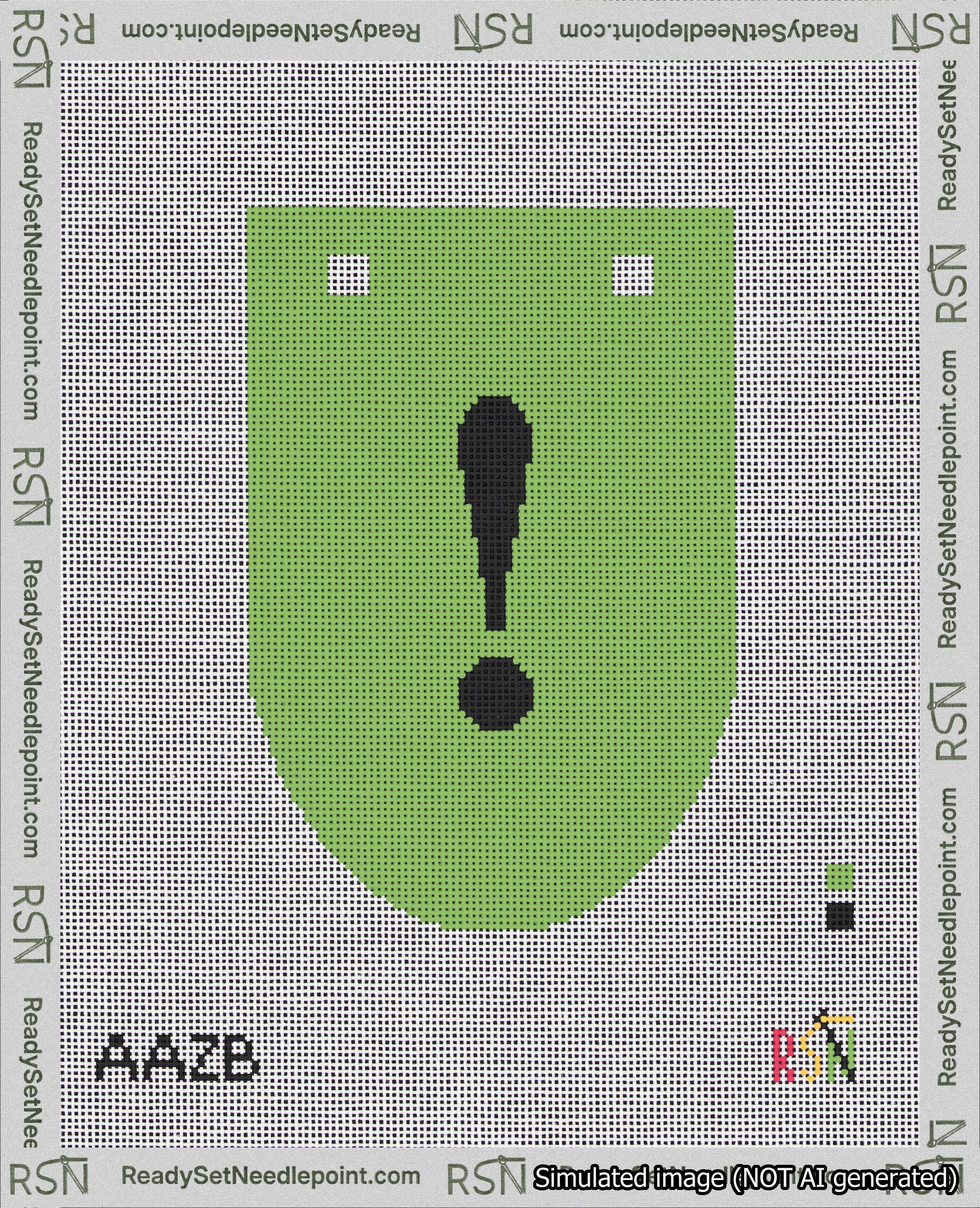 A taped needlepoint canvas with the design: Banner 18 mesh count Rounded Exclamation Black on Light Green.