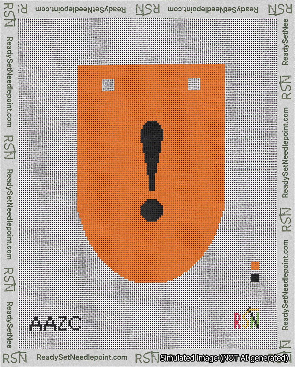A taped needlepoint canvas with the design: Banner 18 mesh count Rounded Exclamation Black on Orange.