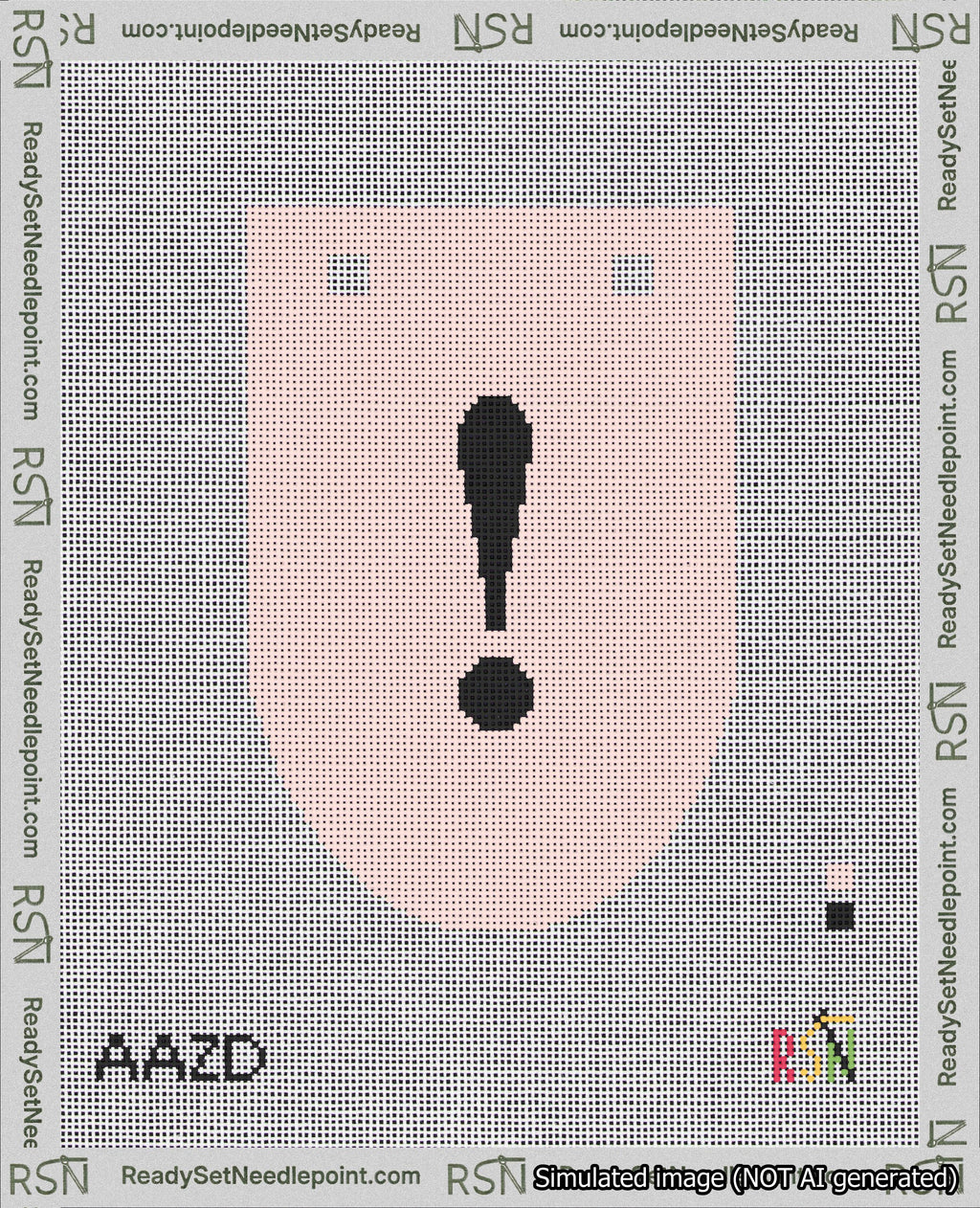 A taped needlepoint canvas with the design: Banner 18 mesh count Rounded Exclamation Black on Pink.