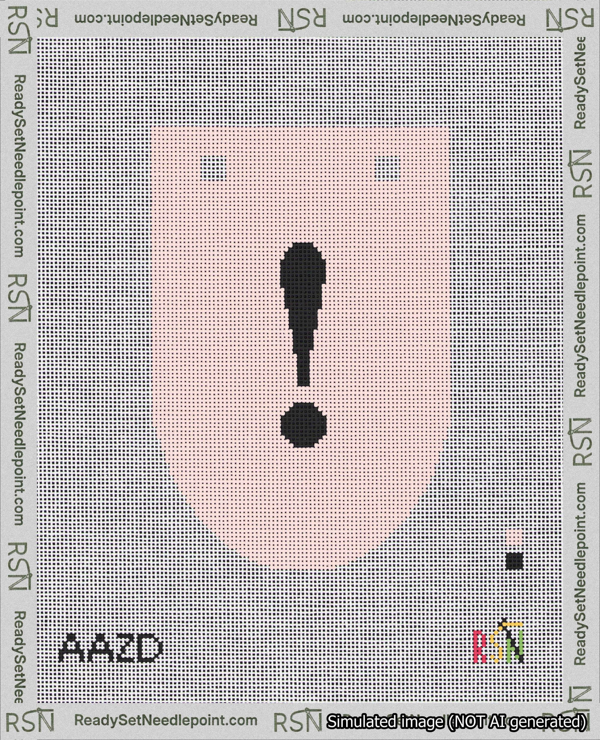 A taped needlepoint canvas with the design: Banner 18 mesh count Rounded Exclamation Black on Pink.