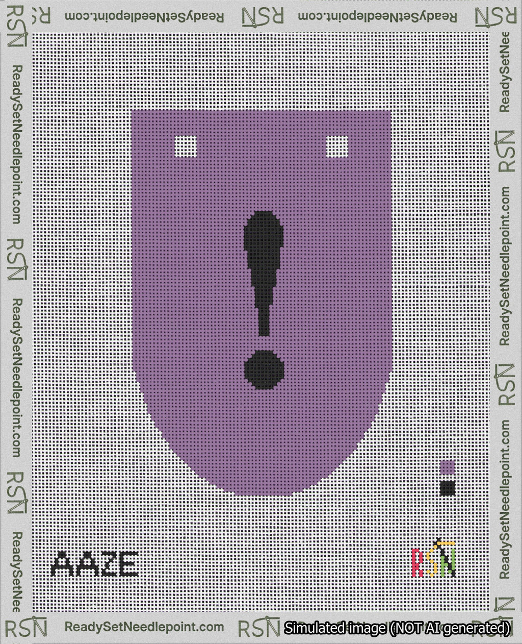 A taped needlepoint canvas with the design: Banner 18 mesh count Rounded Exclamation Black on Purple.