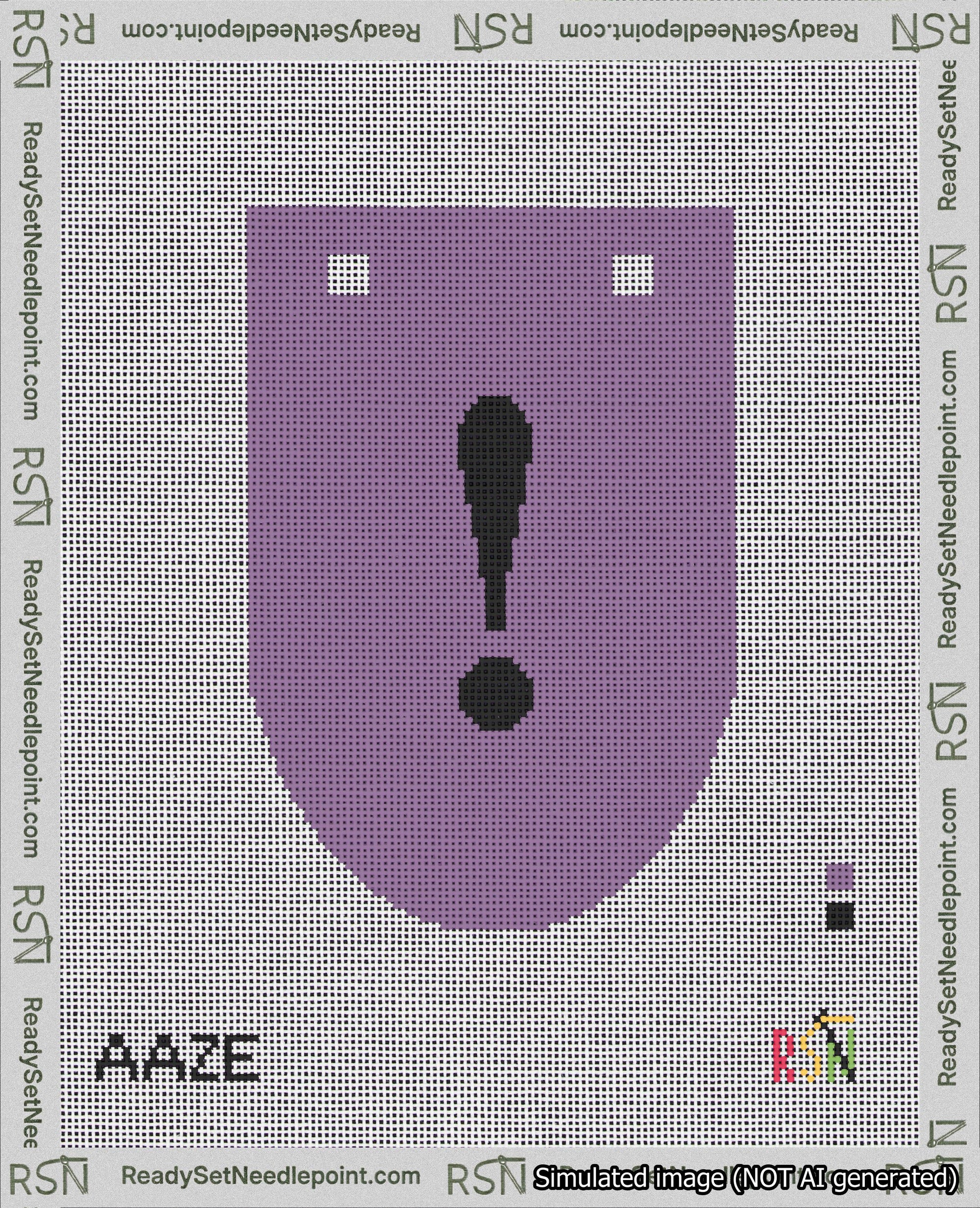 A taped needlepoint canvas with the design: Banner 18 mesh count Rounded Exclamation Black on Purple.