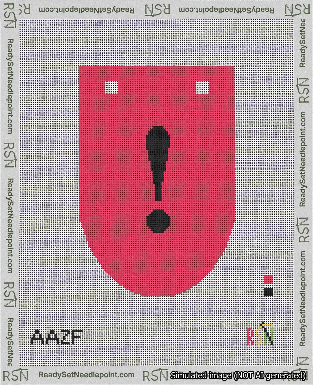 A taped needlepoint canvas with the design: Banner 18 mesh count Rounded Exclamation Black on Red.