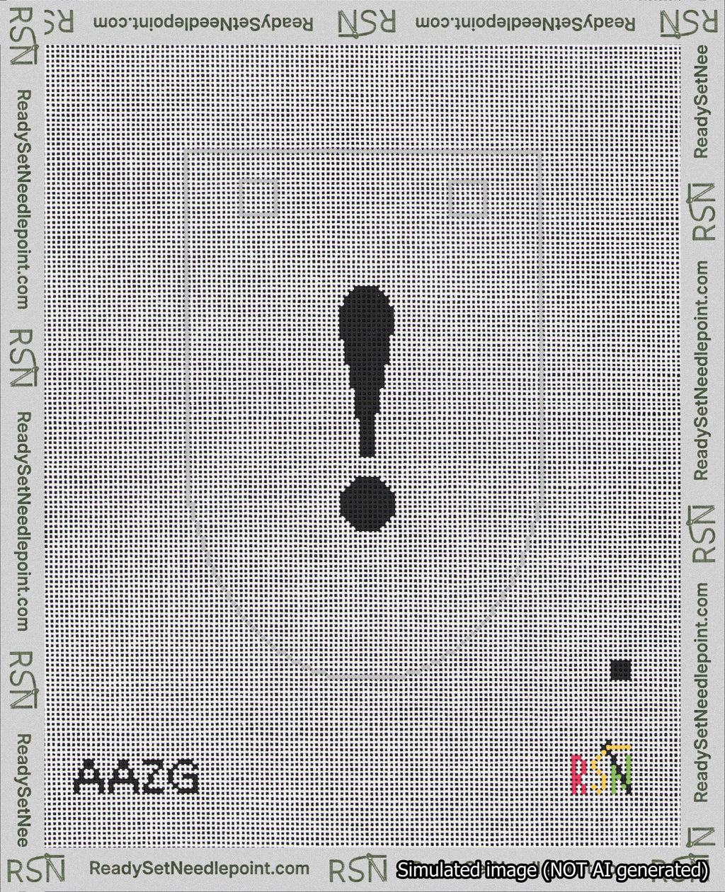 A taped needlepoint canvas with the design: Banner 18 mesh count Rounded Exclamation Black on White.