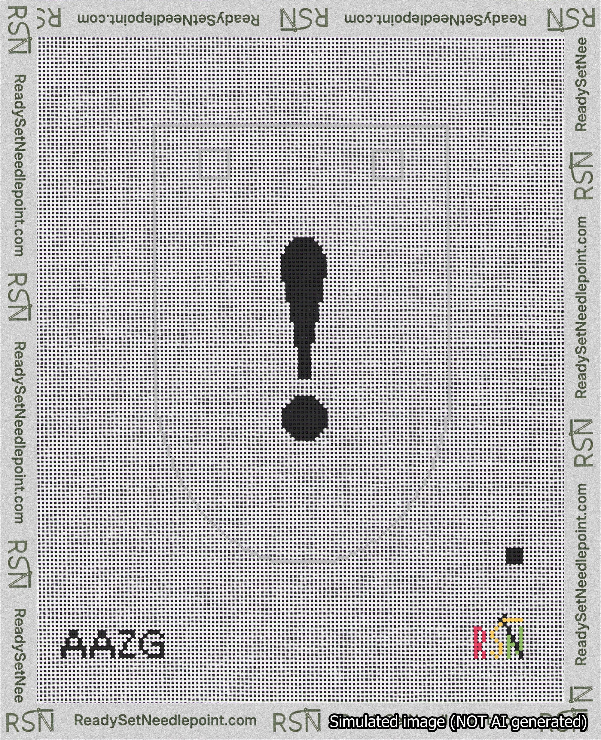 A taped needlepoint canvas with the design: Banner 18 mesh count Rounded Exclamation Black on White.