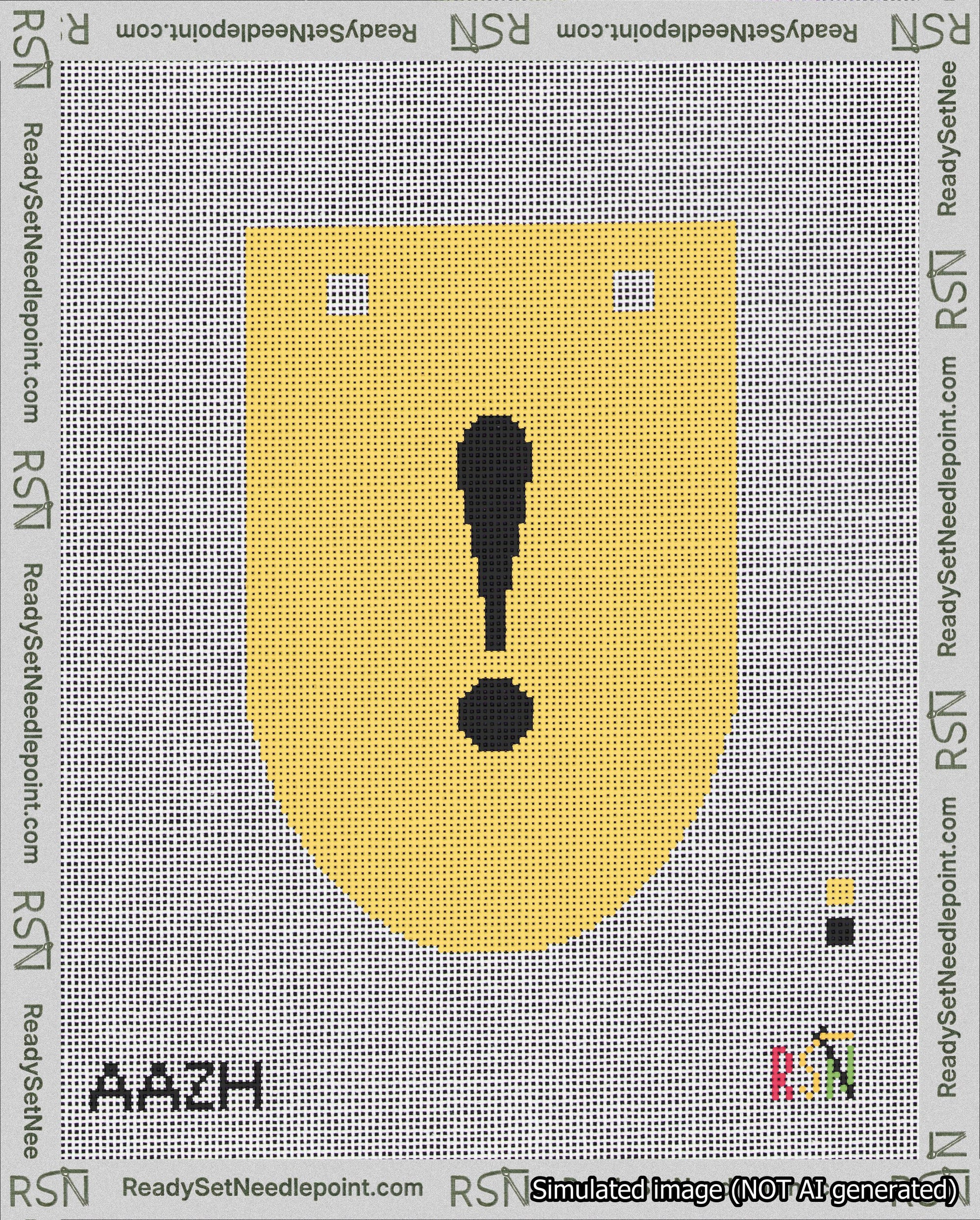 A taped needlepoint canvas with the design: Banner 18 mesh count Rounded Exclamation Black on Yellow.