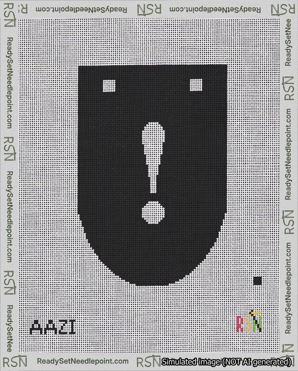 A taped needlepoint canvas with the design: Banner 18 mesh count Rounded Exclamation White on Black.