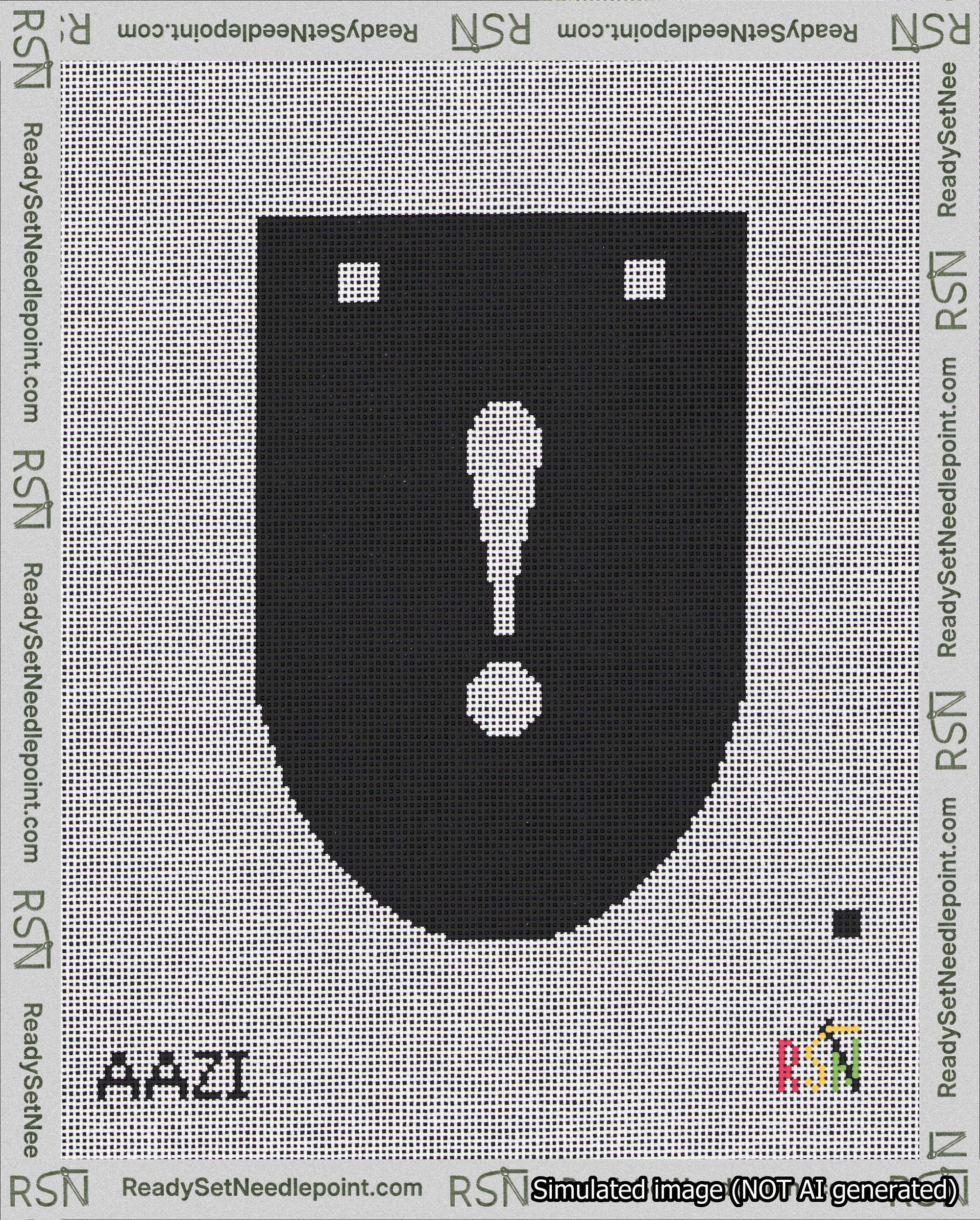 A taped needlepoint canvas with the design: Banner 18 mesh count Rounded Exclamation White on Black.
