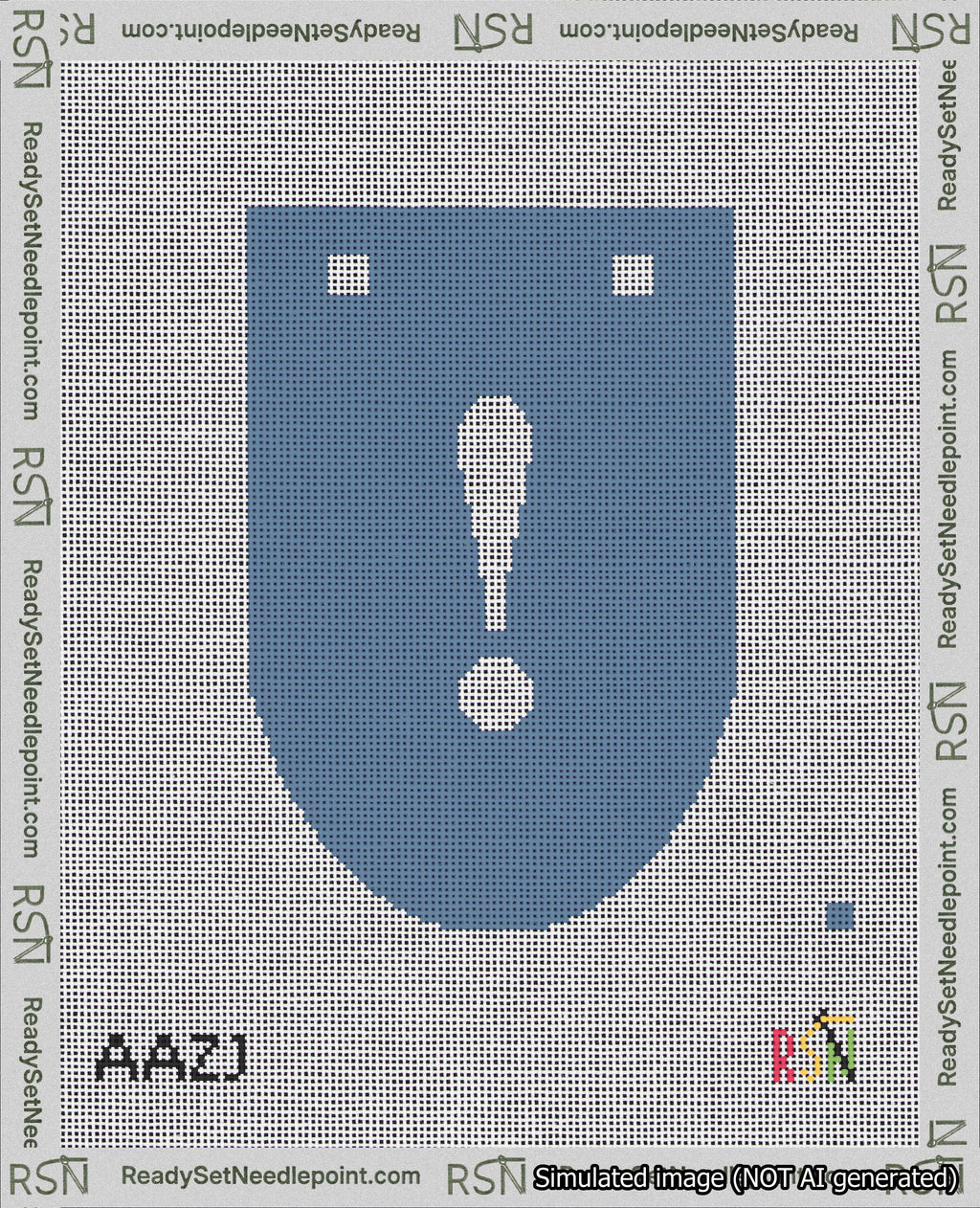 A taped needlepoint canvas with the design: Banner 18 mesh count Rounded Exclamation White on Blue.
