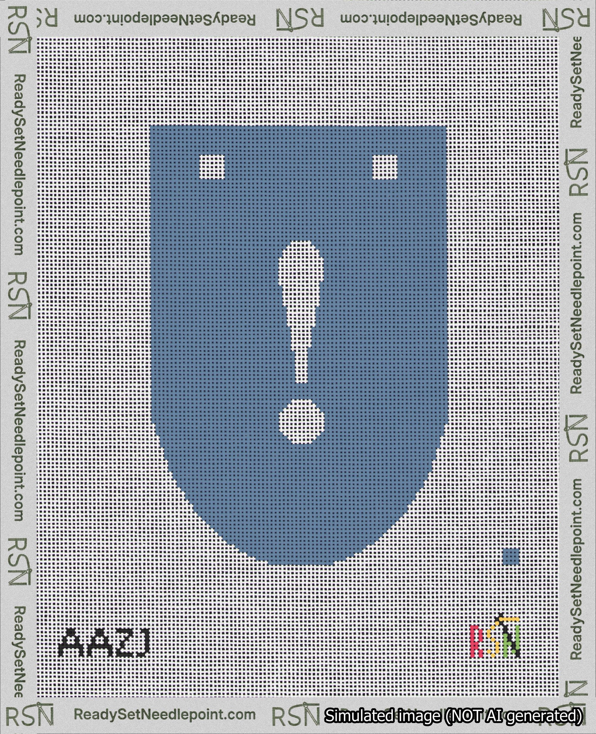 A taped needlepoint canvas with the design: Banner 18 mesh count Rounded Exclamation White on Blue.