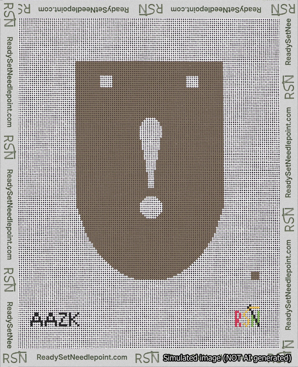 A taped needlepoint canvas with the design: Banner 18 mesh count Rounded Exclamation White on Brown.