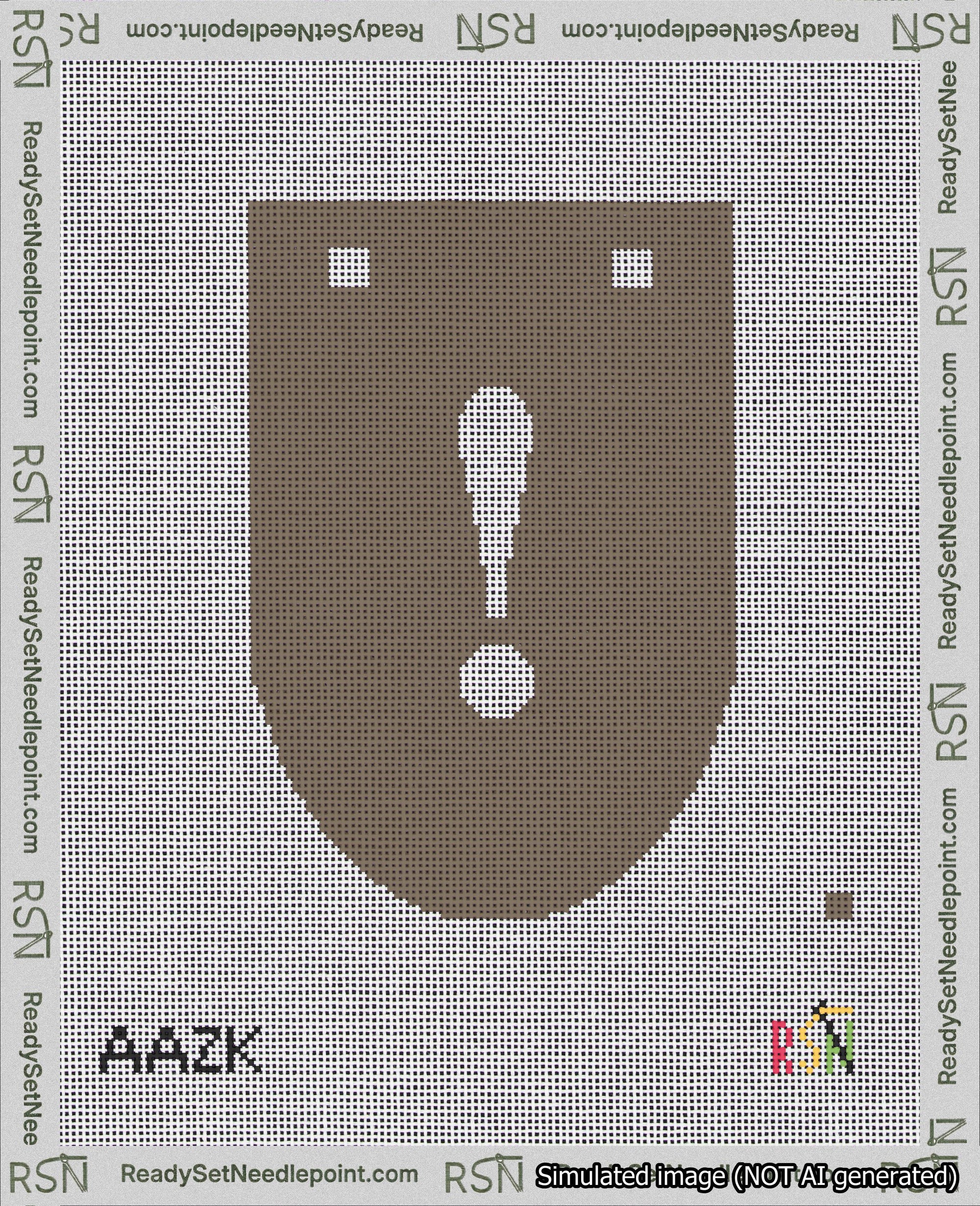 A taped needlepoint canvas with the design: Banner 18 mesh count Rounded Exclamation White on Brown.