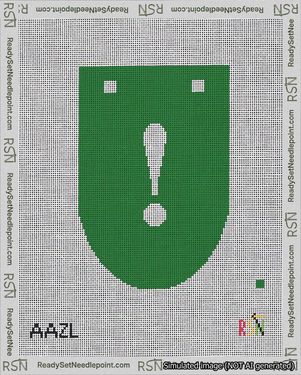 A taped needlepoint canvas with the design: Banner 18 mesh count Rounded Exclamation White on Green.