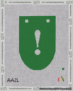 A taped needlepoint canvas with the design: Banner 18 mesh count Rounded Exclamation White on Green.
