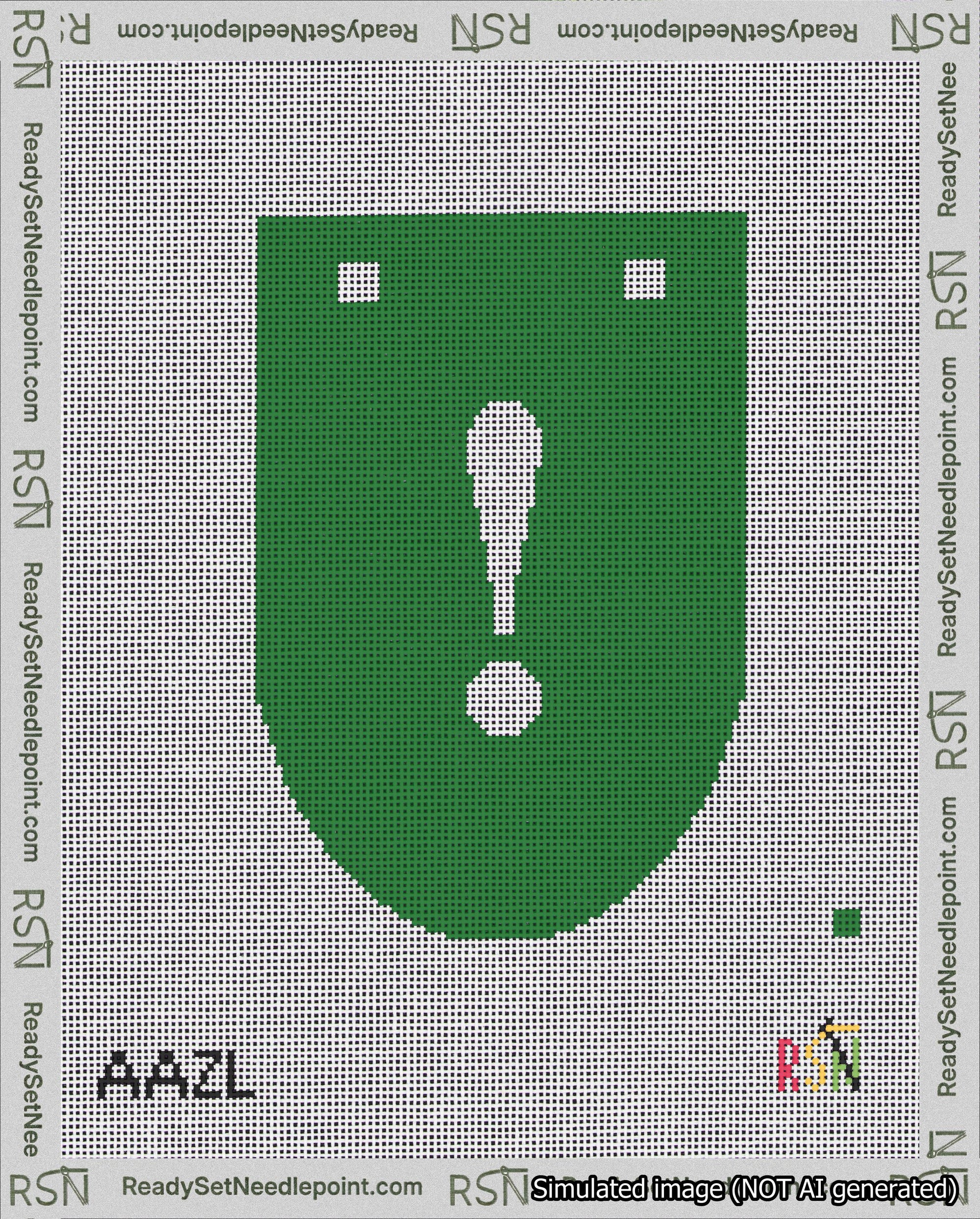 A taped needlepoint canvas with the design: Banner 18 mesh count Rounded Exclamation White on Green.