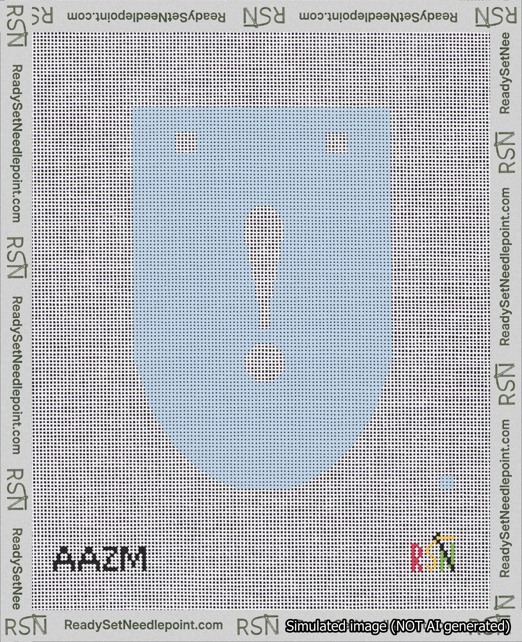 A taped needlepoint canvas with the design: Banner 18 mesh count Rounded Exclamation White on Light Blue.