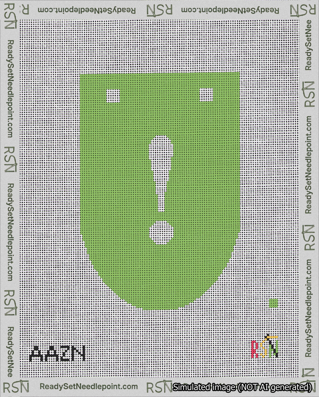 A taped needlepoint canvas with the design: Banner 18 mesh count Rounded Exclamation White on Light Green.