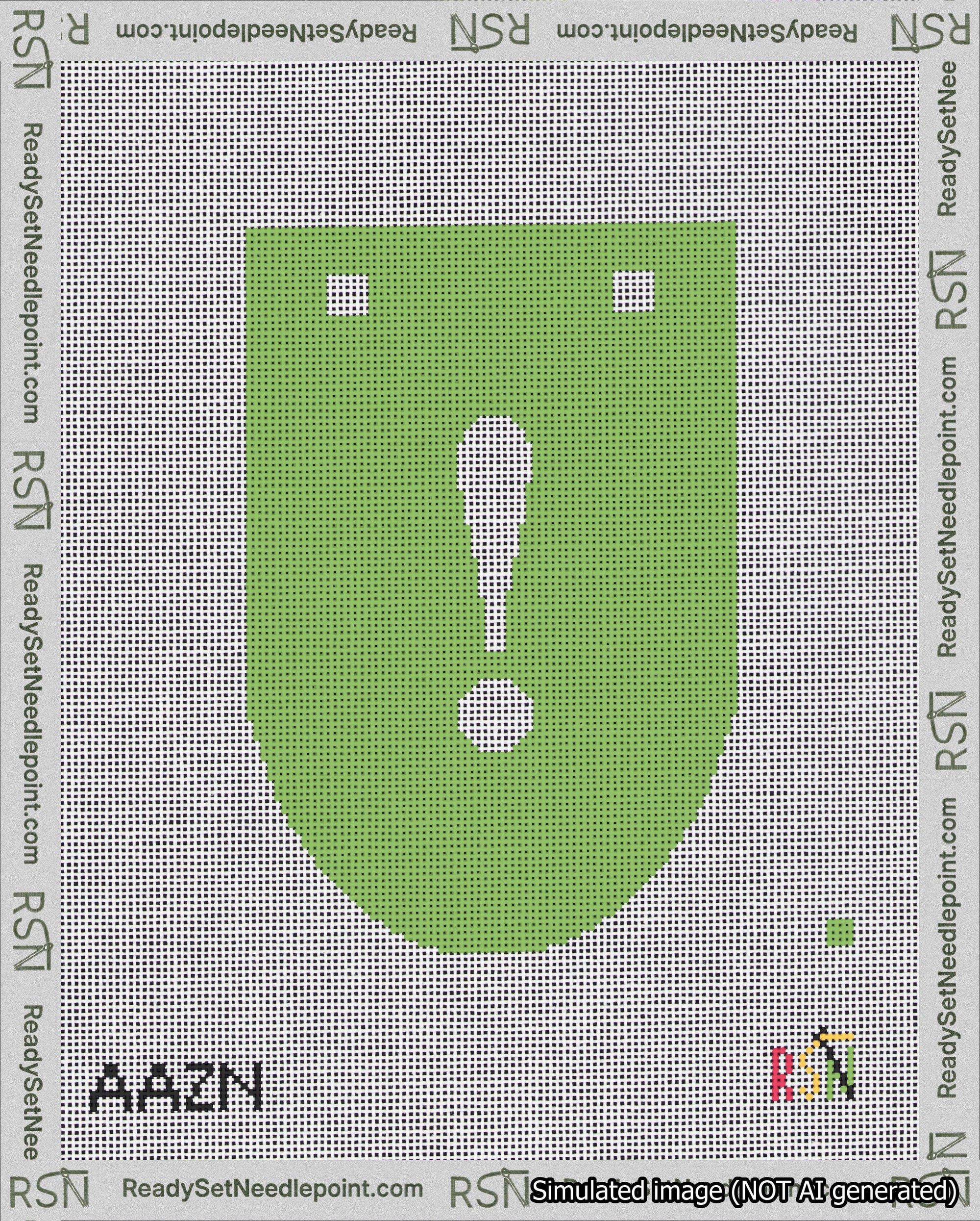 A taped needlepoint canvas with the design: Banner 18 mesh count Rounded Exclamation White on Light Green.