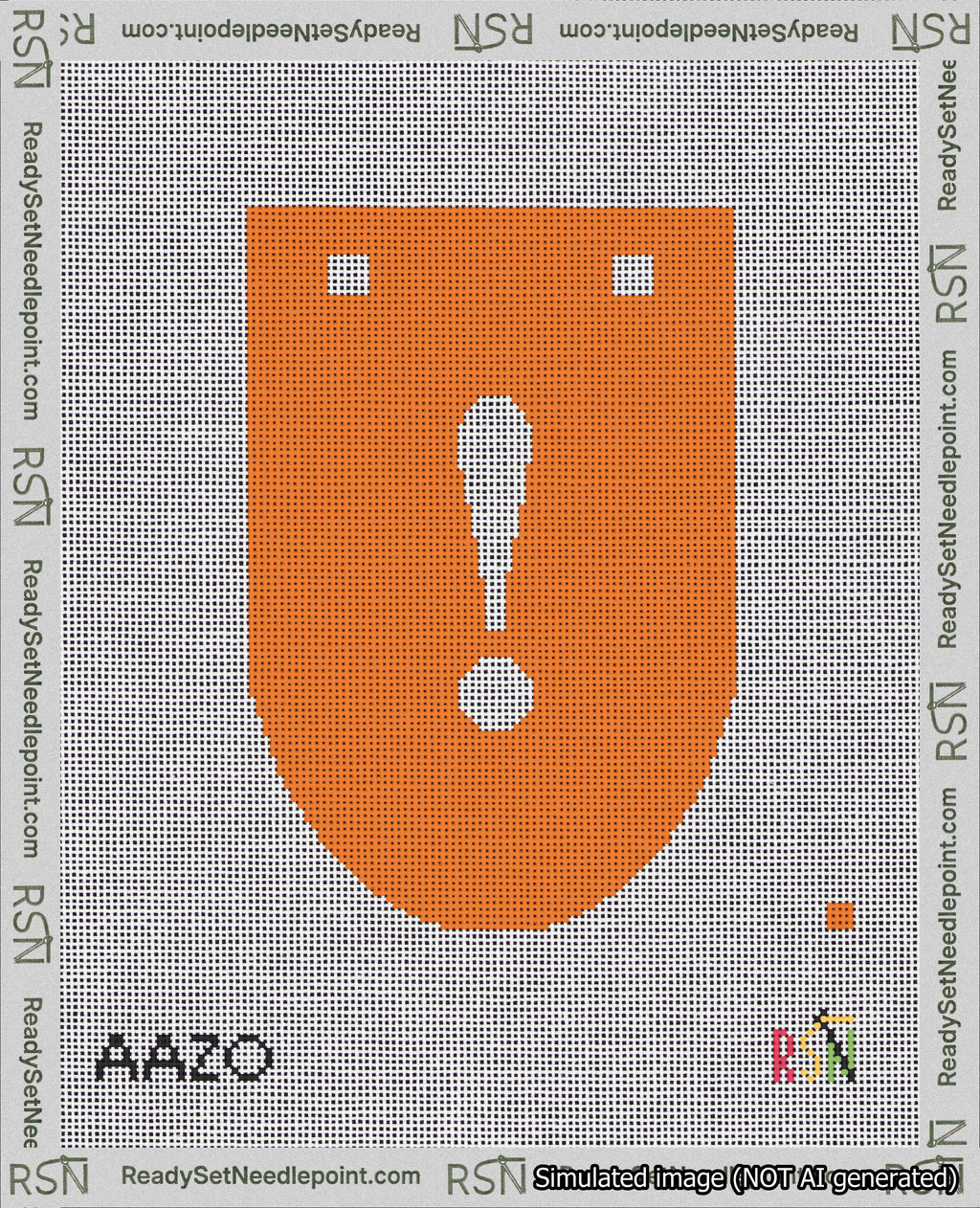 A taped needlepoint canvas with the design: Banner 18 mesh count Rounded Exclamation White on Orange.