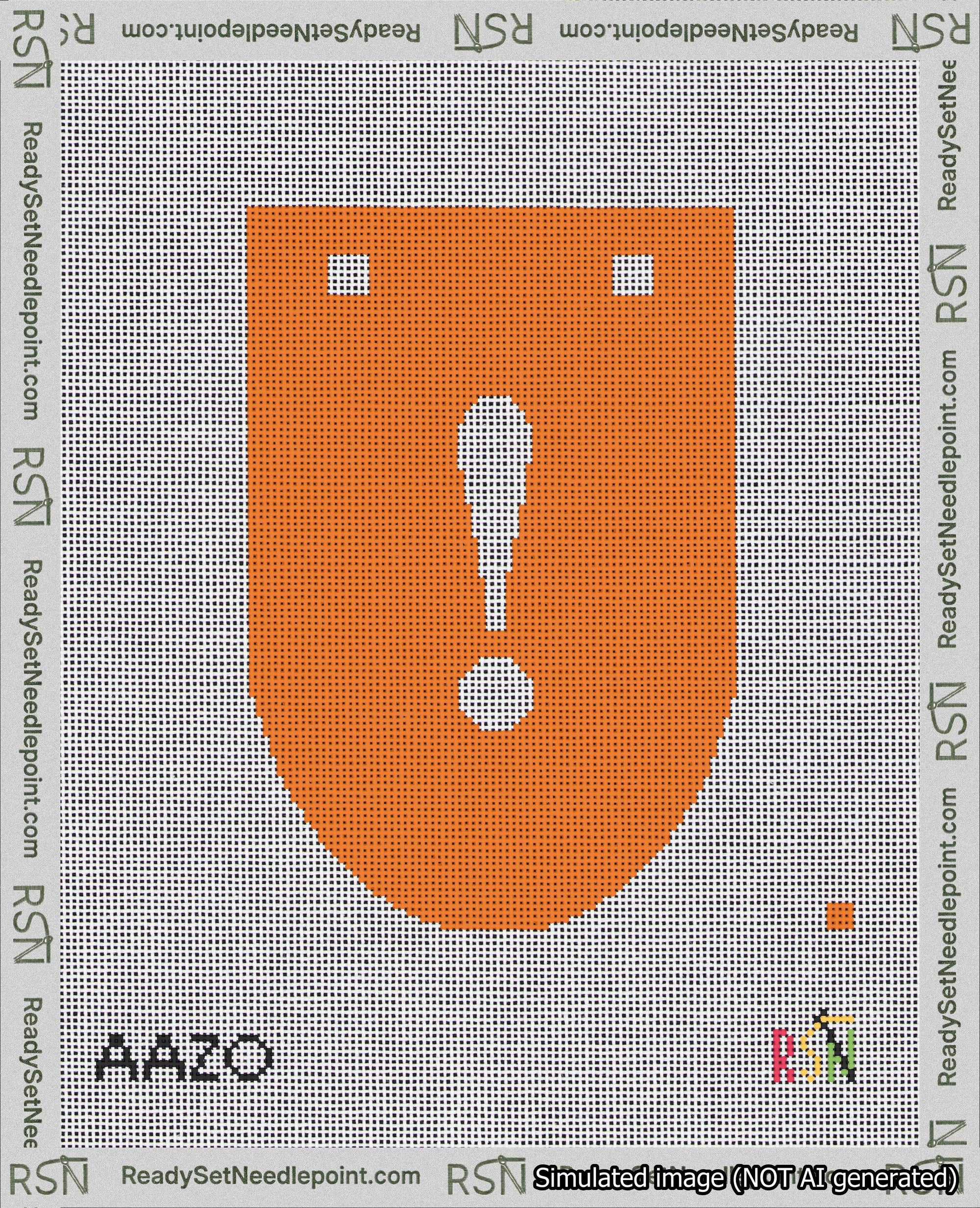 A taped needlepoint canvas with the design: Banner 18 mesh count Rounded Exclamation White on Orange.