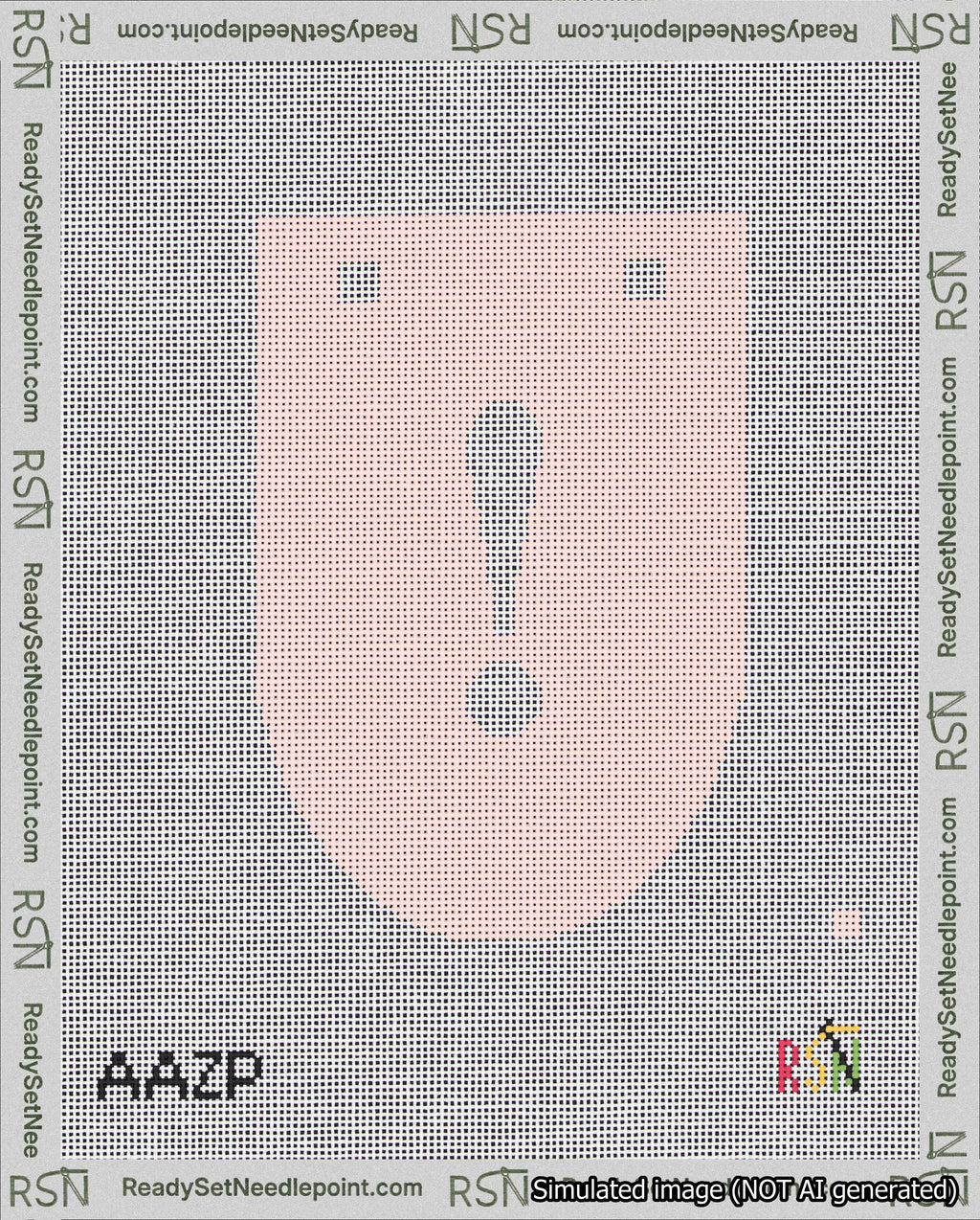 A taped needlepoint canvas with the design: Banner 18 mesh count Rounded Exclamation White on Pink.