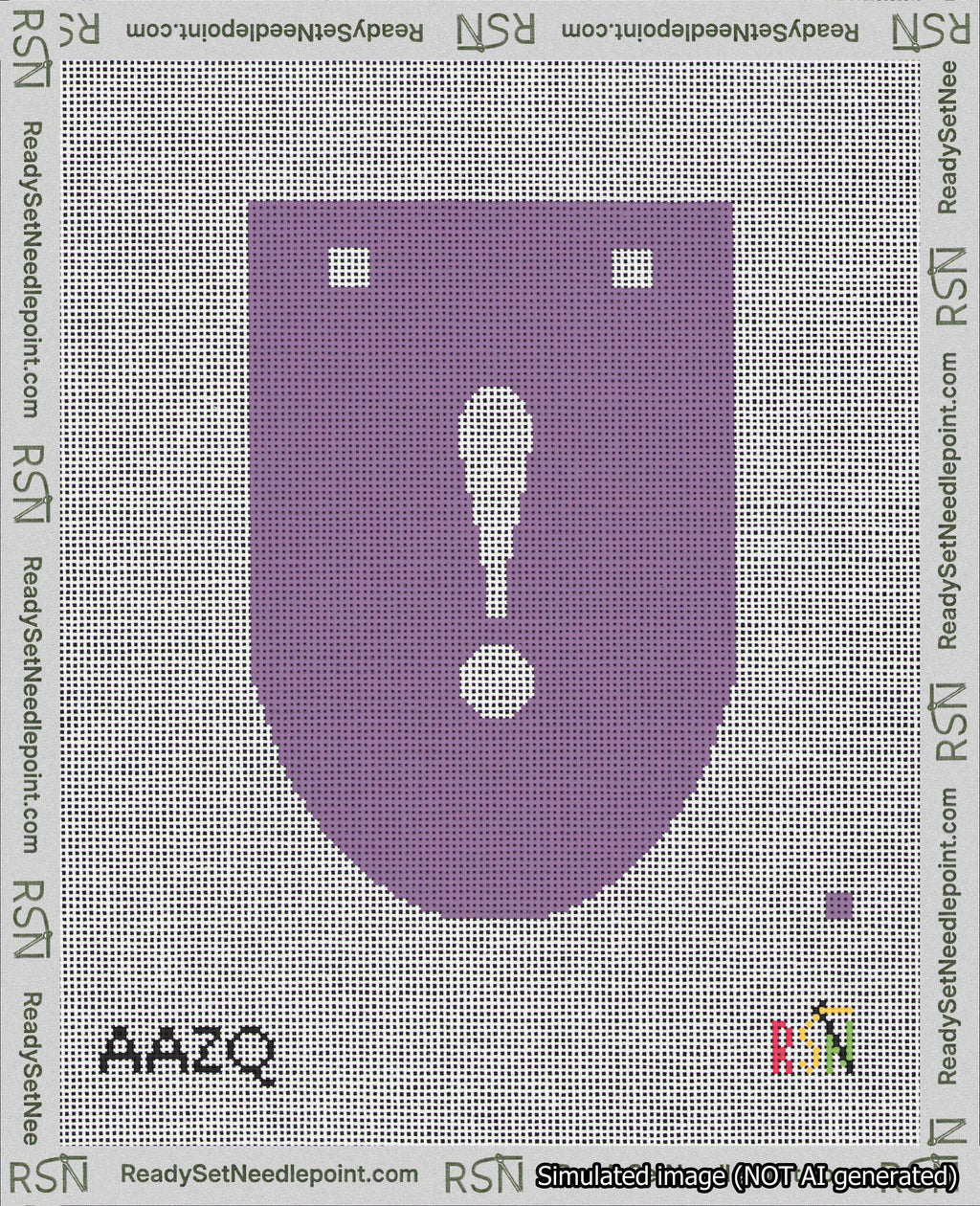 A taped needlepoint canvas with the design: Banner 18 mesh count Rounded Exclamation White on Purple.